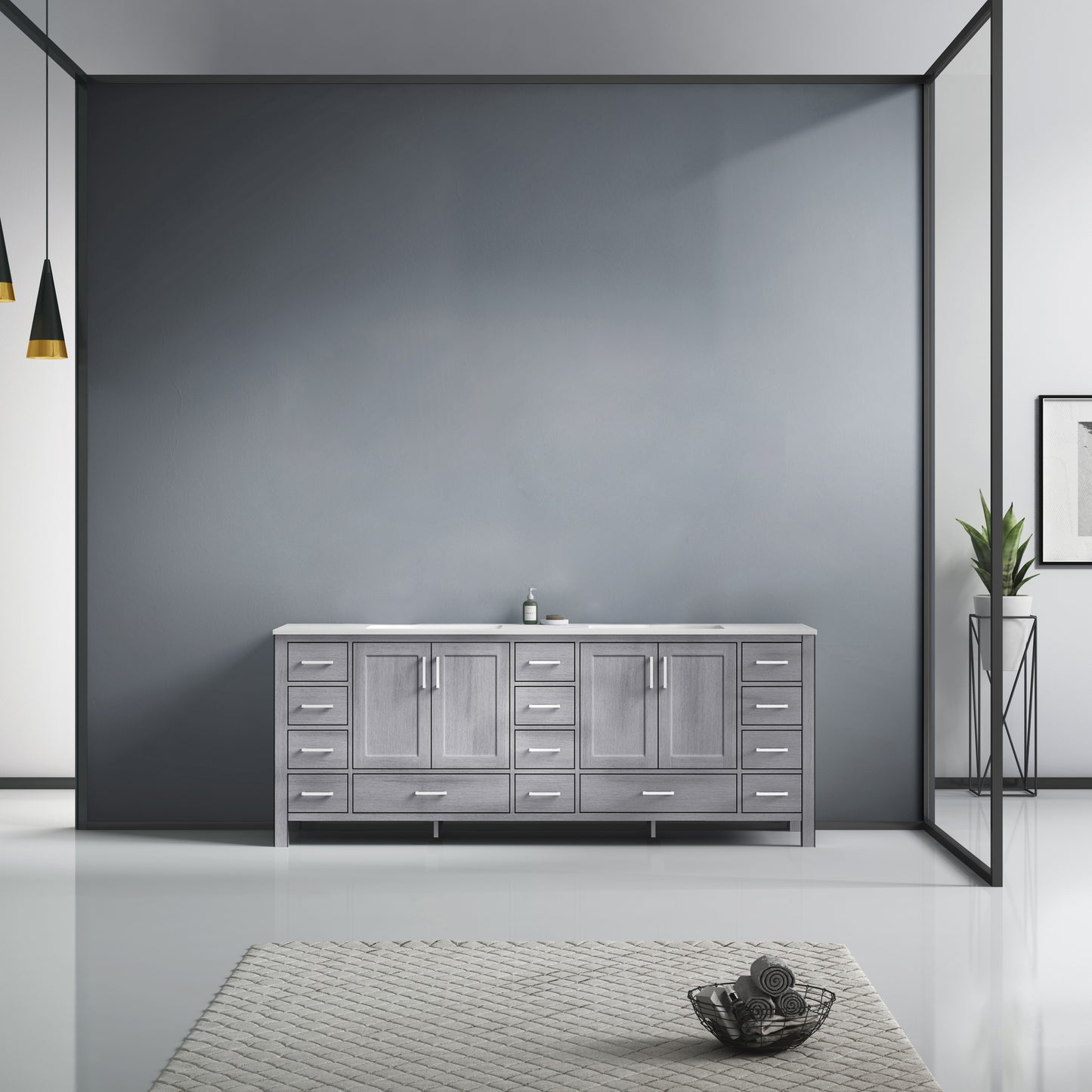 Jacques 84" Distressed Grey Double Vanity, White Carrara Marble Top, White Square Sinks and no Mirror