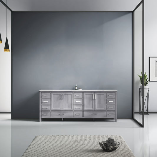 Jacques 84" Distressed Grey Double Vanity, White Carrara Marble Top, White Square Sinks and no Mirror