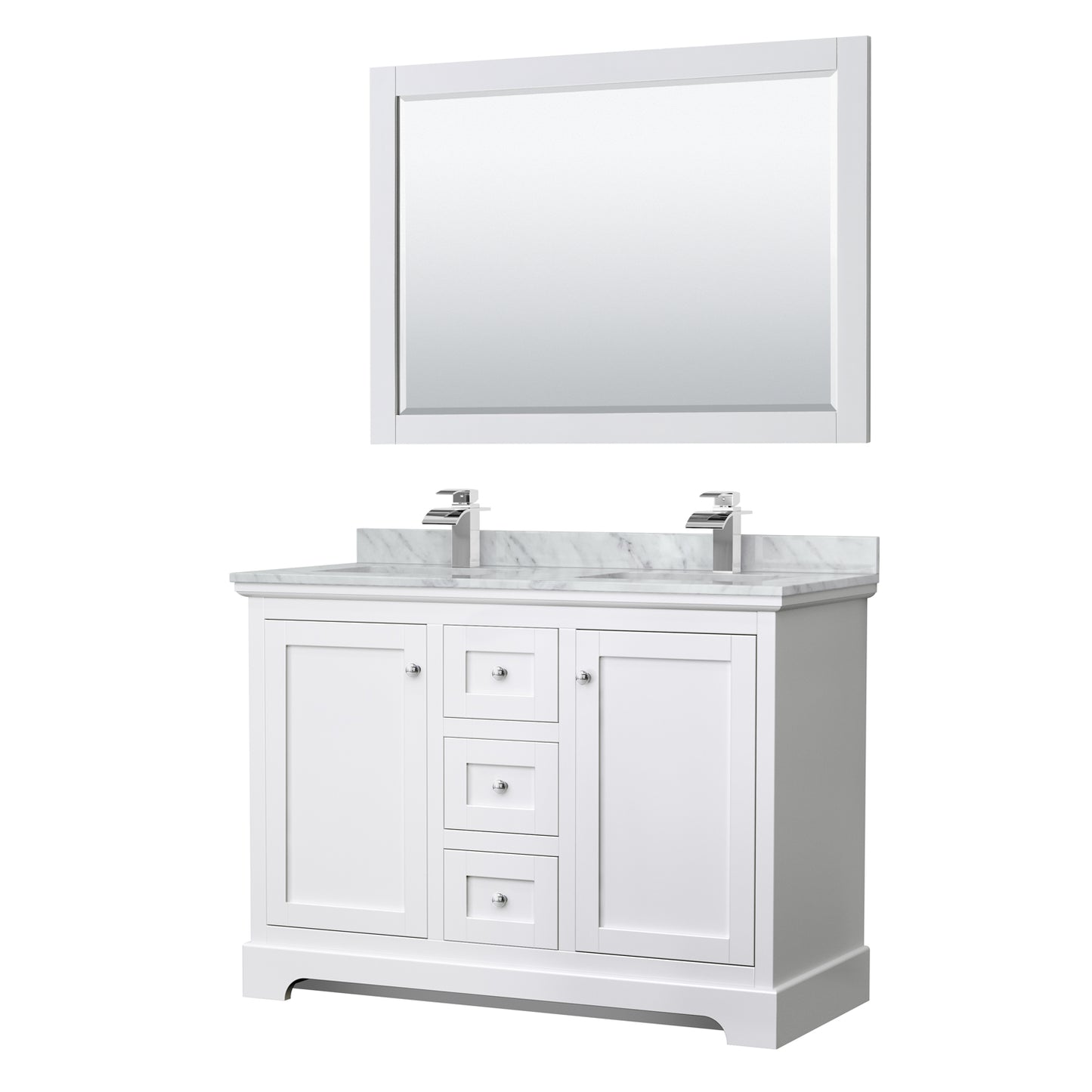 Avery 48 Inch Double Bathroom Vanity in White, White Carrara Marble Countertop, Undermount Square Sinks, 46 Inch Mirror
