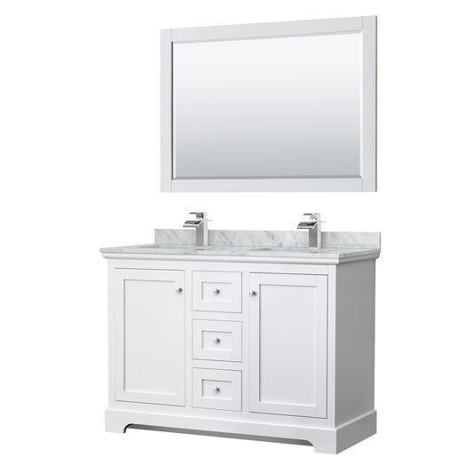 Avery 48 Inch Double Bathroom Vanity in White, White Carrara Marble Countertop, Undermount Square Sinks, 46 Inch Mirror