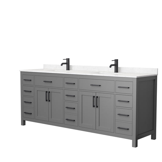 Beckett 84 Inch Double Bathroom Vanity in Dark Gray, Carrara Cultured Marble Countertop, Undermount Square Sinks, Matte Black Trim