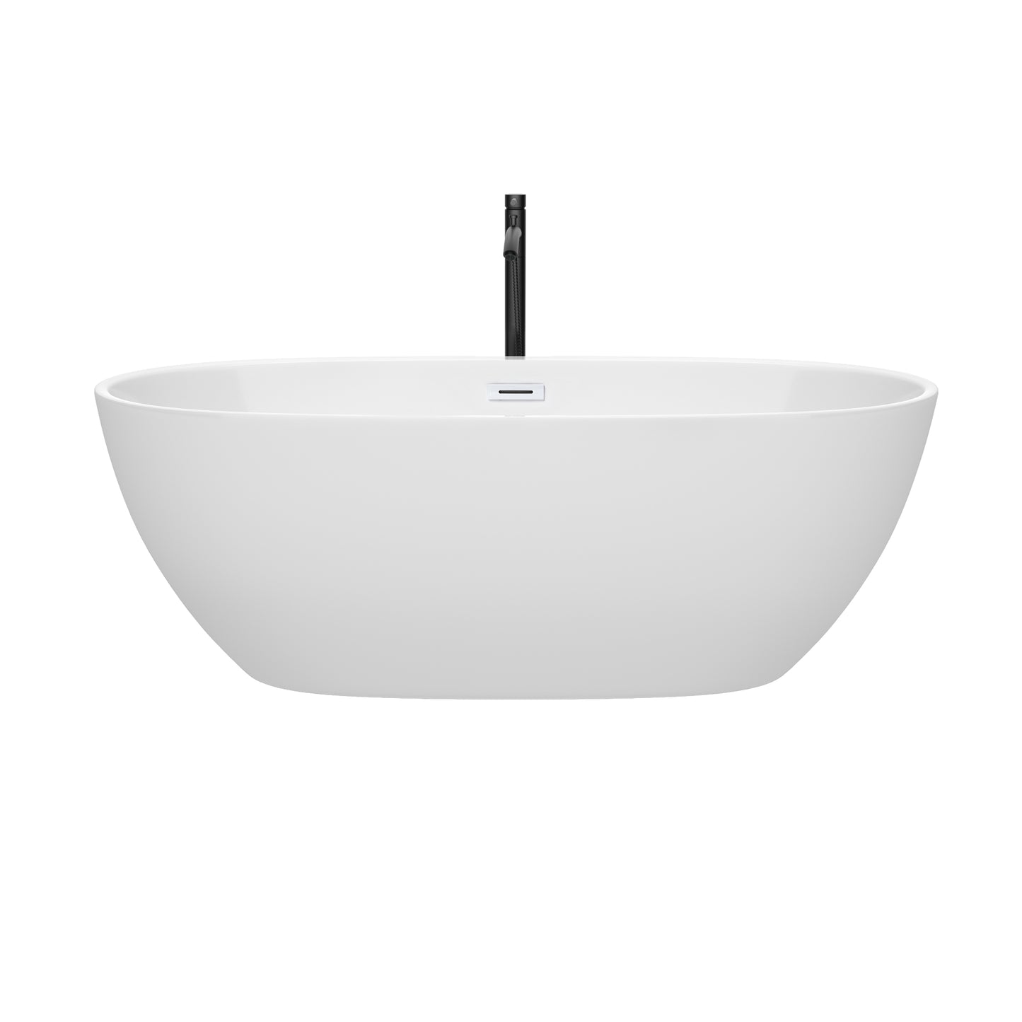 Juno 67 Inch Freestanding Bathtub in White with Shiny White Trim and Floor Mounted Faucet in Matte Black