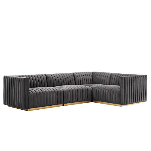 Modway Conjure 4-Piece Velvet and Stainless Steel Sectional in Gold/Gray