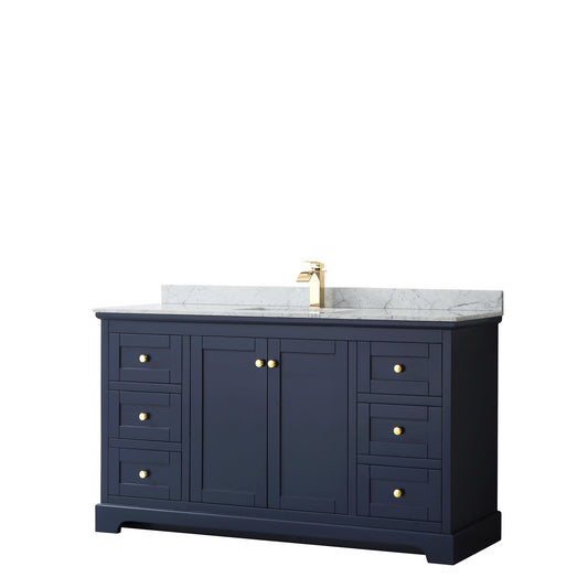 Avery 60 Inch Single Bathroom Vanity in Dark Blue, White Carrara Marble Countertop, Undermount Square Sink, and No Mirror