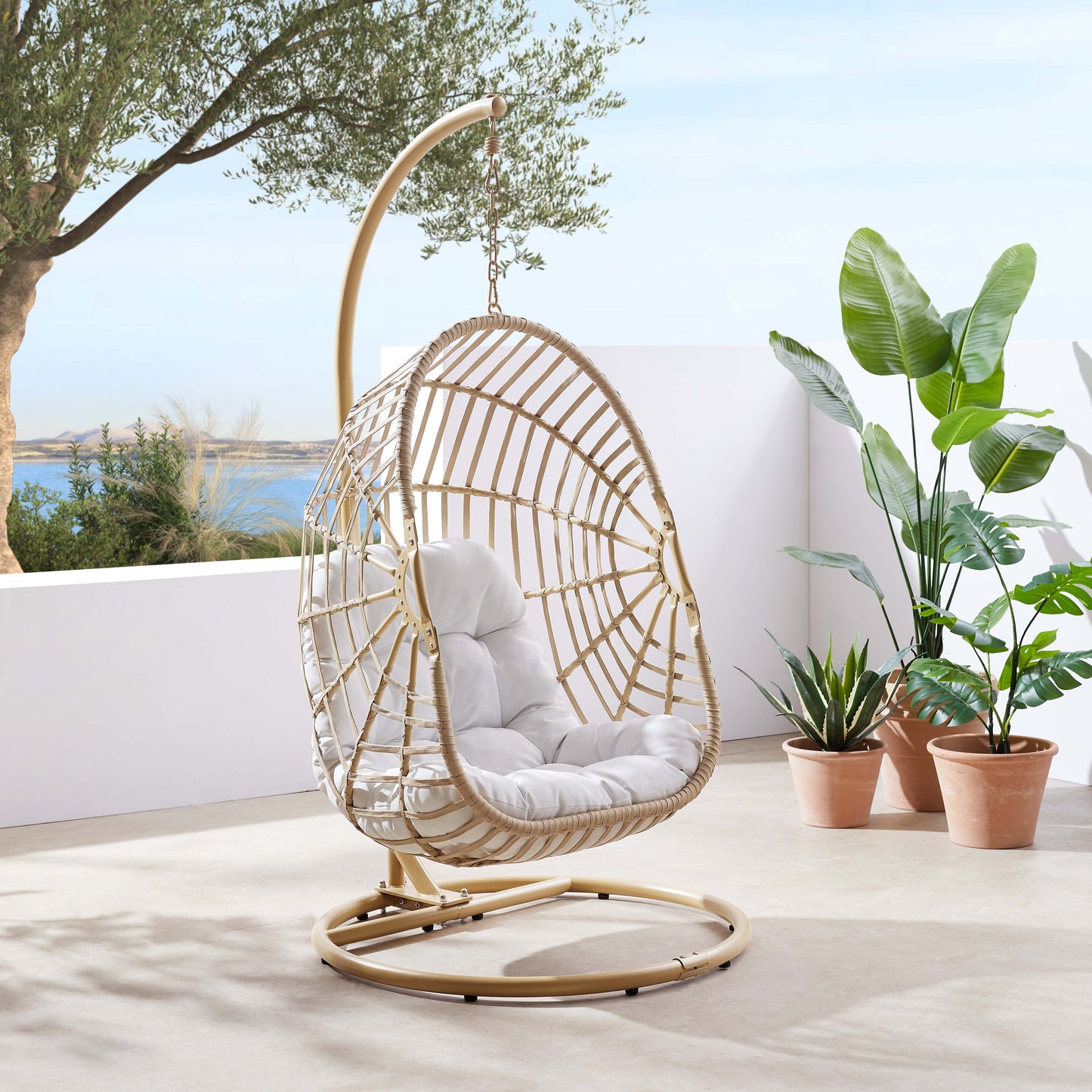 Modway Amalie Rattan Outdoor Patio Swing Chair in Natural/White