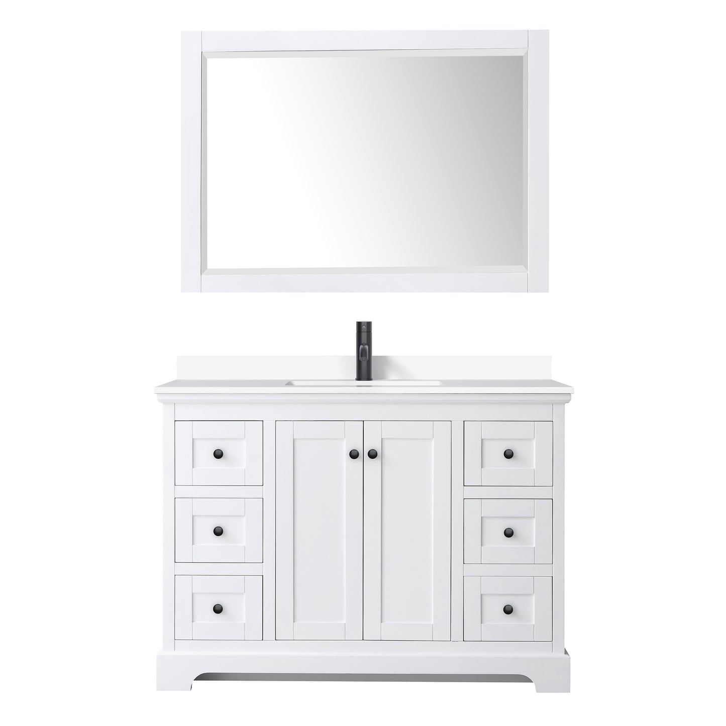 Avery 48 Inch Single Bathroom Vanity in White, White Cultured Marble Countertop, Undermount Square Sink, Matte Black Trim, 46 Inch Mirror