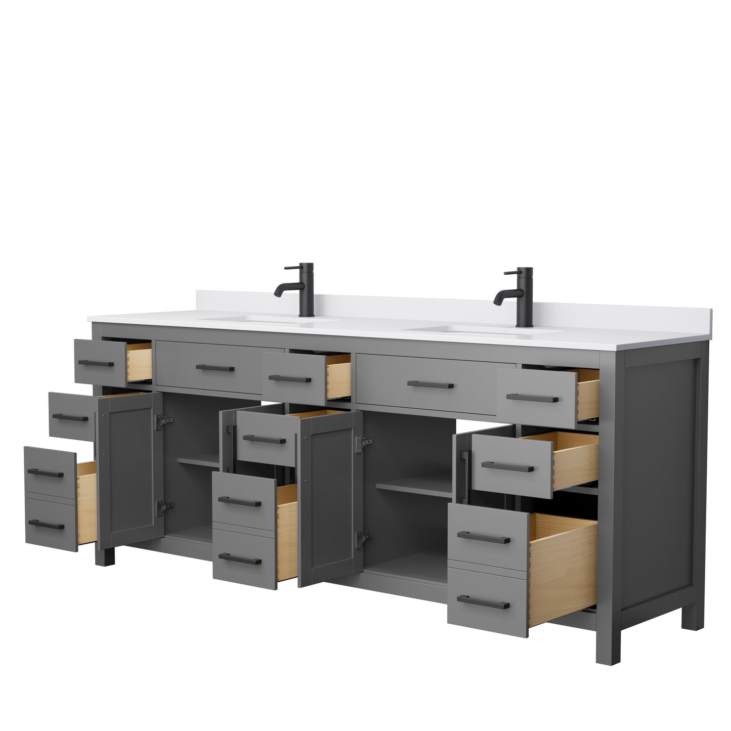 Beckett 84 Inch Double Bathroom Vanity in Dark Gray, White Cultured Marble Countertop, Undermount Square Sinks, Matte Black Trim