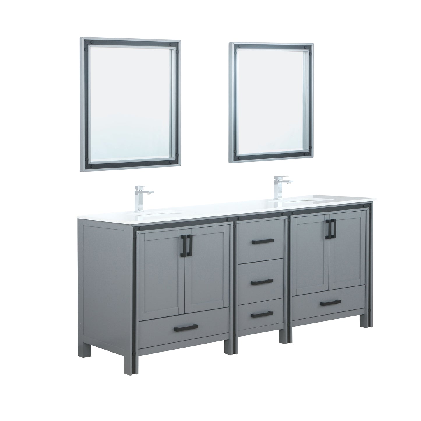 Ziva 80" Dark Grey Double Vanity, Cultured Marble Top, White Square Sink and 30" Mirrors w/ Faucet