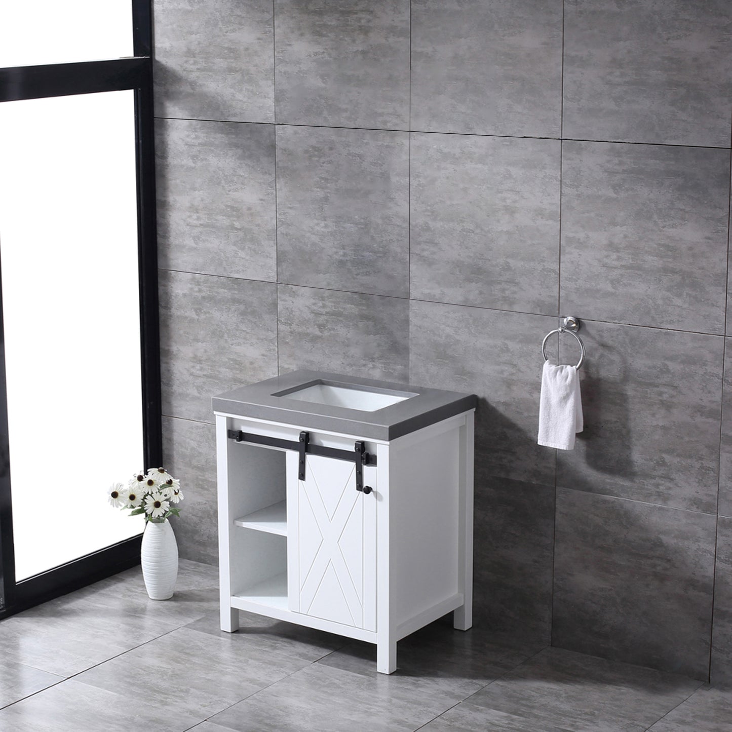 Marsyas 30" White Single Vanity, Grey Quartz Top, White Square Sink and no Mirror