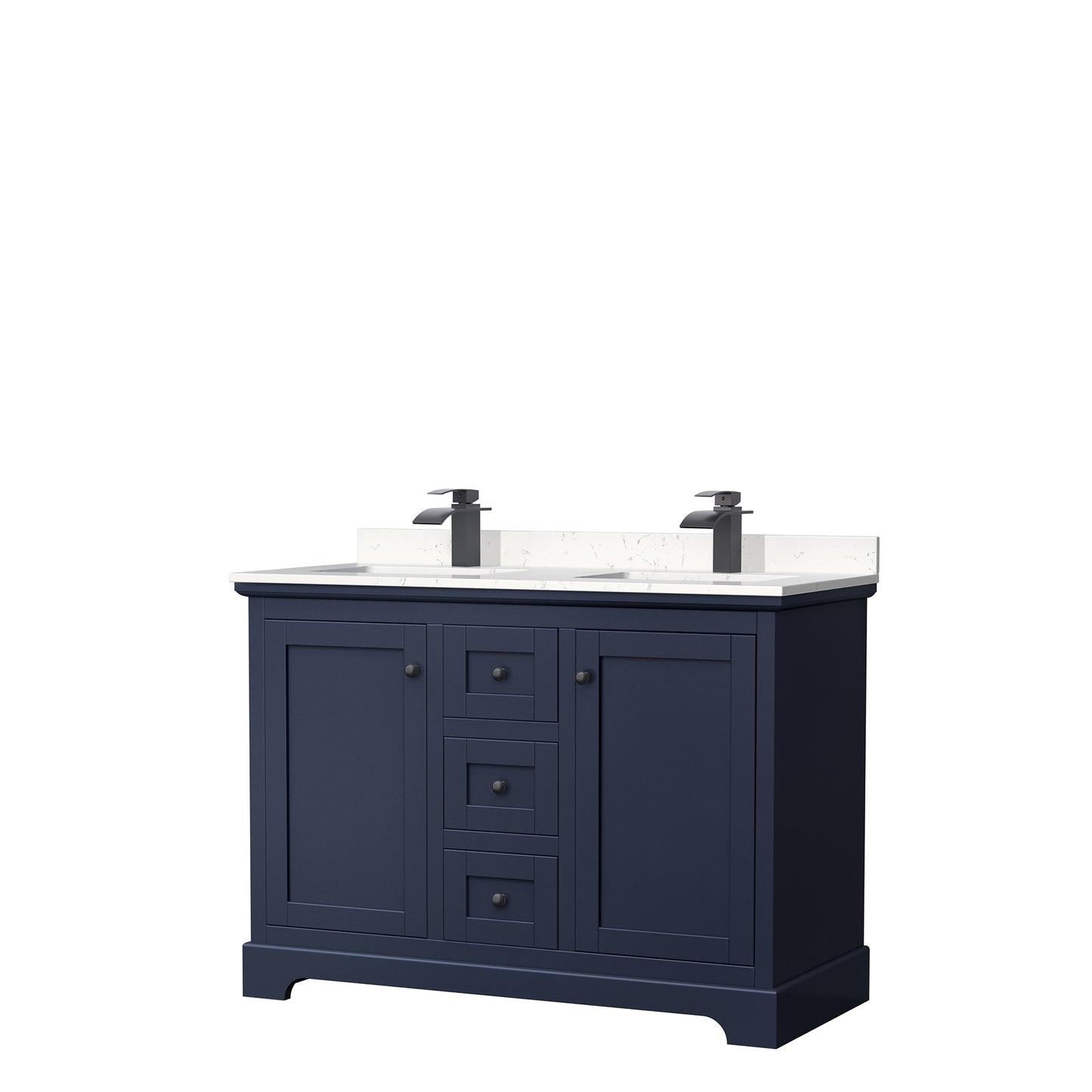 Avery 48 Inch Double Bathroom Vanity in Dark Blue, Carrara Cultured Marble Countertop, Undermount Square Sinks, Matte Black Trim