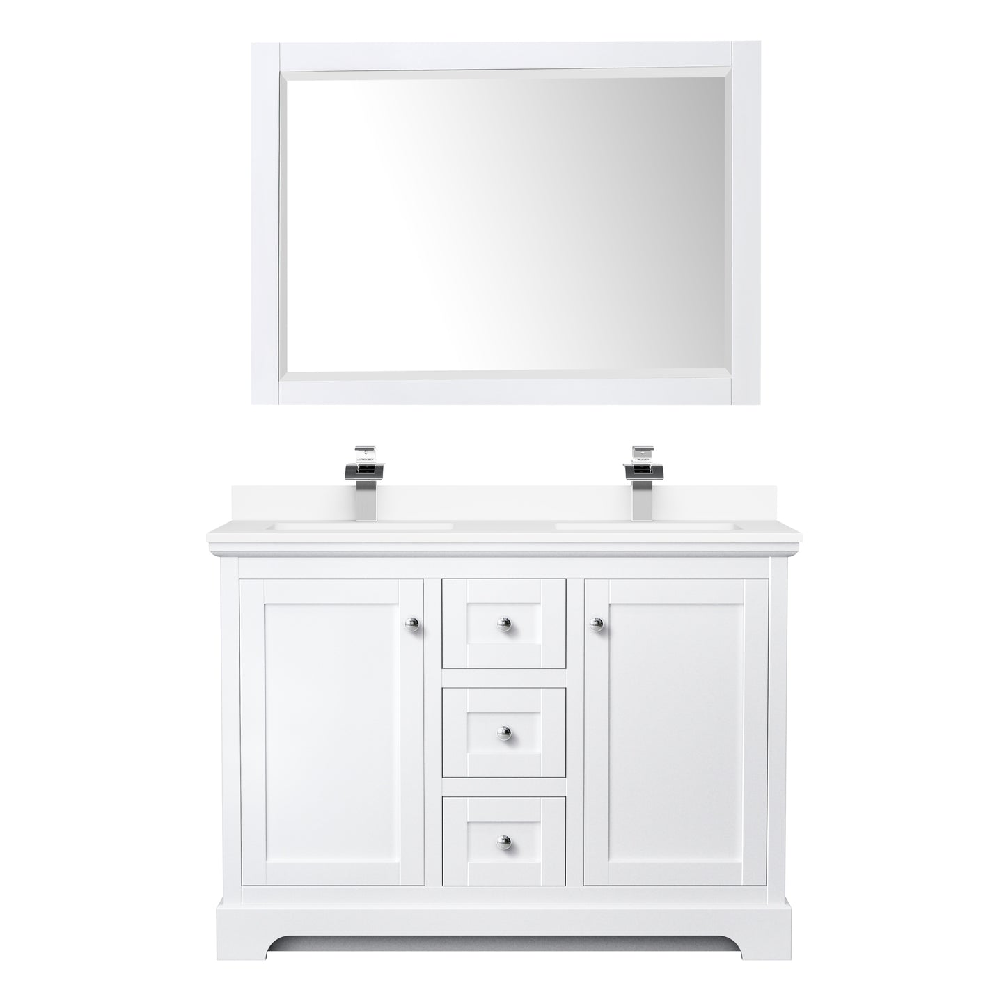 Avery 48 Inch Double Bathroom Vanity in White, White Cultured Marble Countertop, Undermount Square Sinks, 46 Inch Mirror