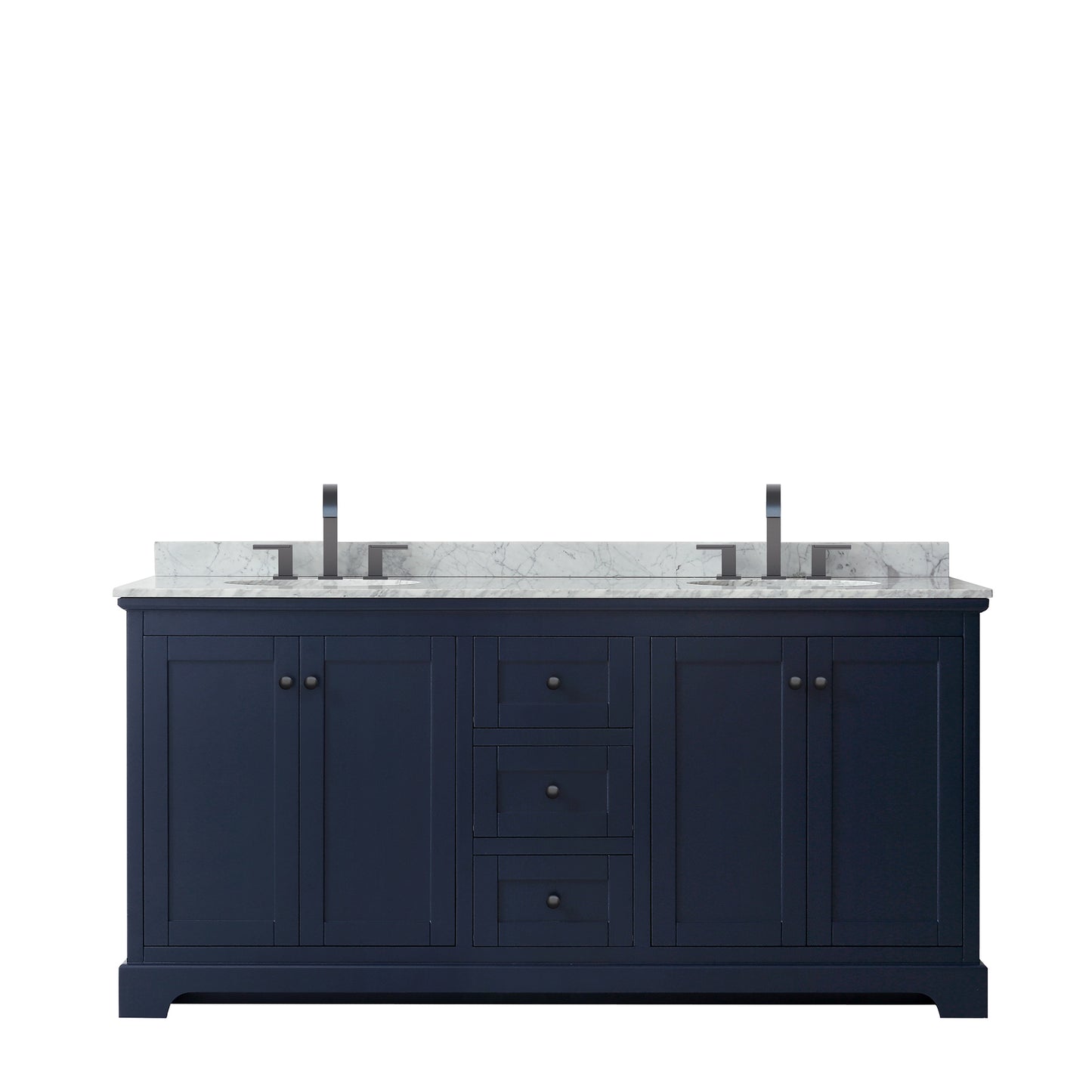 Avery 72 Inch Double Bathroom Vanity in Dark Blue, White Carrara Marble Countertop, Undermount Oval Sinks, Matte Black Trim