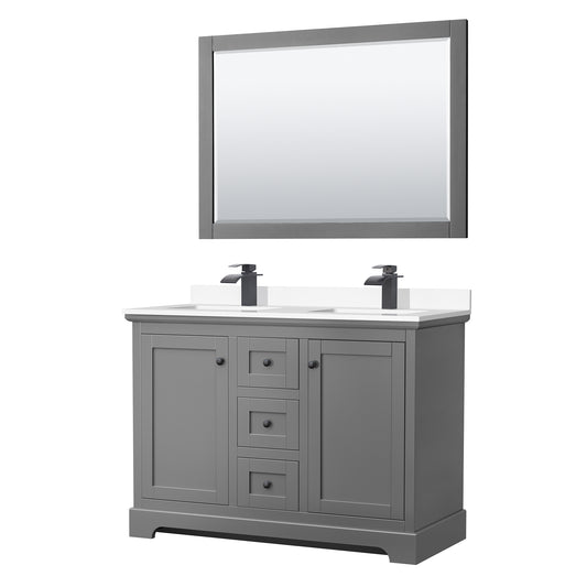 Avery 48 Inch Double Bathroom Vanity in Dark Gray, White Cultured Marble Countertop, Undermount Square Sinks, Matte Black Trim, 46 Inch Mirror