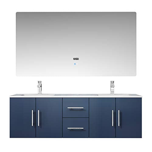 Lexora Geneva 60 in. W x 22 in. D Navy Blue Double Bath Vanity, Carrara Marble Top, Faucet Set and 60 in. LED Mirror