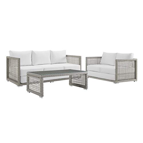 Modway EEI-3598-GRY-WHI-SET Aura Outdoor Patio Wicker Rattan, Sofa, Loveseat and Coffee Table, Gray White