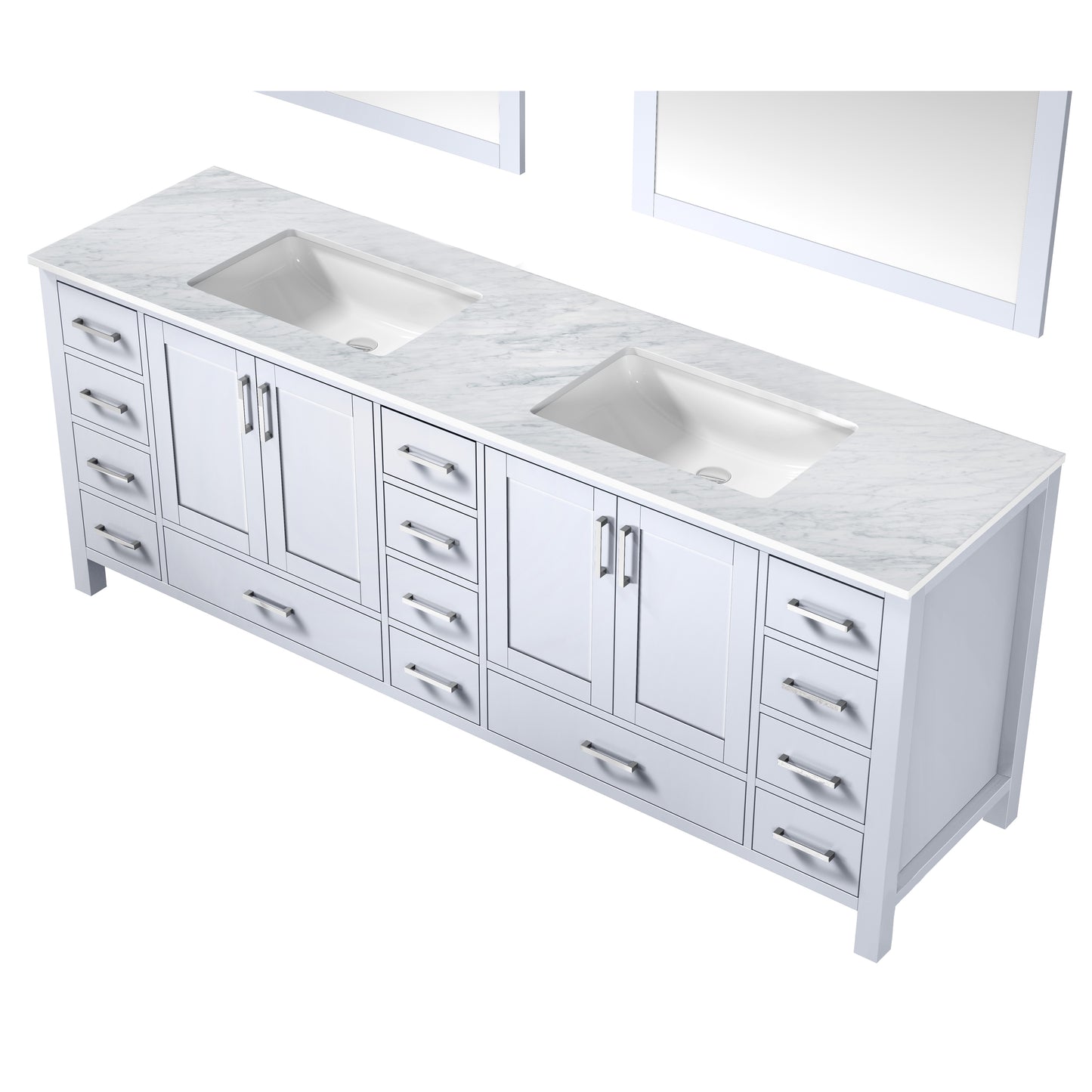 Jacques 84" White Double Vanity, White Carrara Marble Top, White Square Sinks and 34" Mirrors