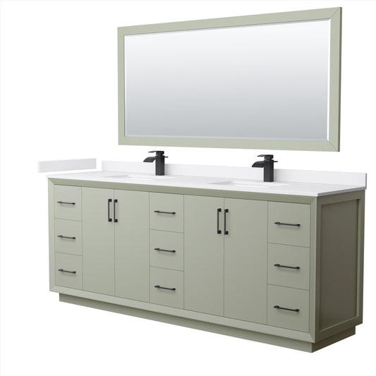 Strada 84 Inch Double Bathroom Vanity in Light Green, White Cultured Marble Countertop, Undermount Square Sinks, Matte Black Trim, 70 Inch Mirror