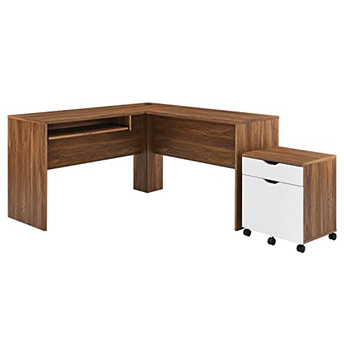 Modway Envision Mid-Century Modern Office Desk and File Cabinet in Walnut White