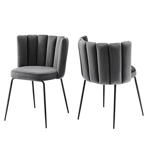 Modway Virtue Performance Velvet Dining Chairs in Black Gray-Set of 2