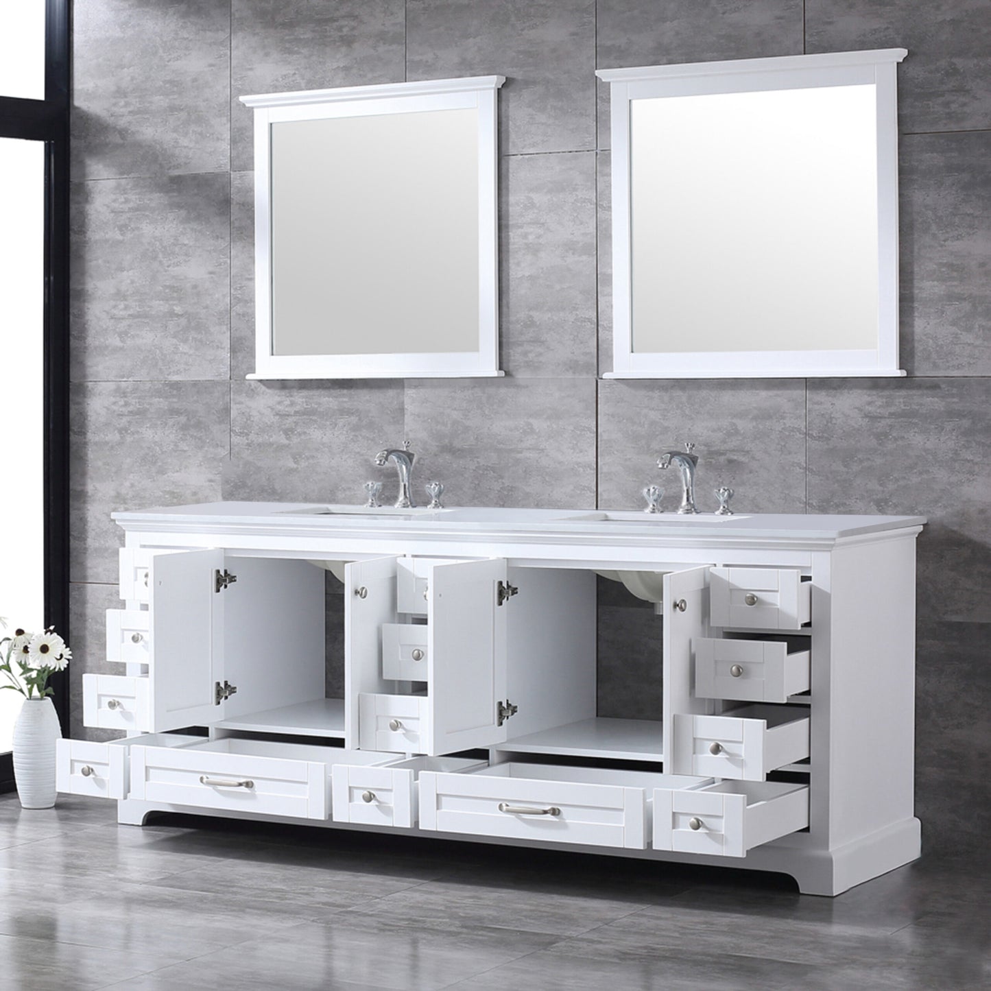 Dukes 84" White Double Vanity, White Quartz Top, White Square Sinks and 34" Mirrors