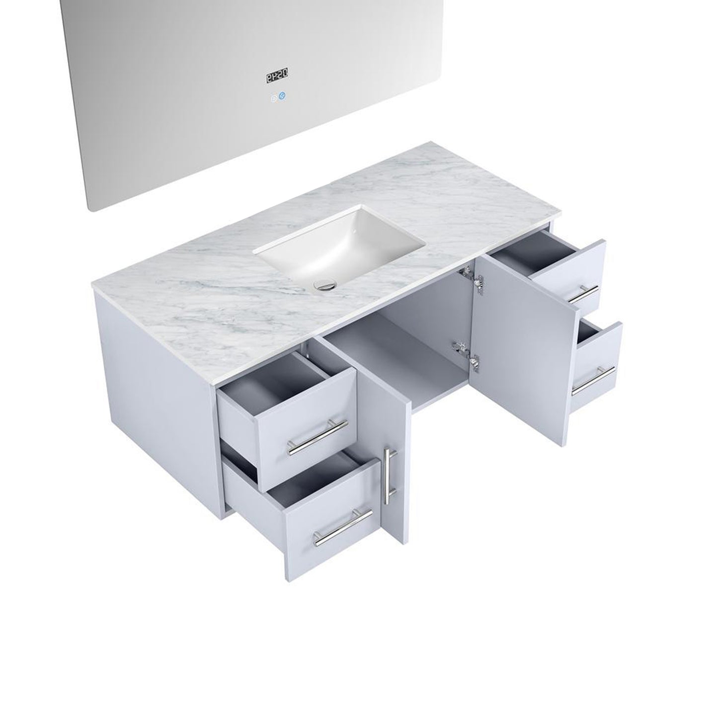 Geneva 48" Glossy White Single Vanity, White Carrara Marble Top, White Square Sink and 48" LED Mirror