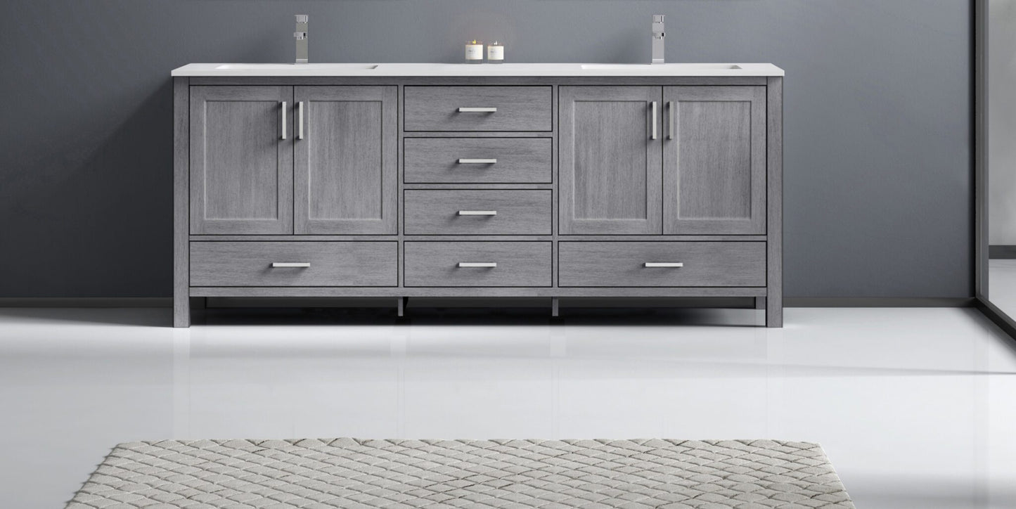 Jacques 80" Distressed Grey Double Vanity, White Quartz Top, White Square Sinks and no Mirror