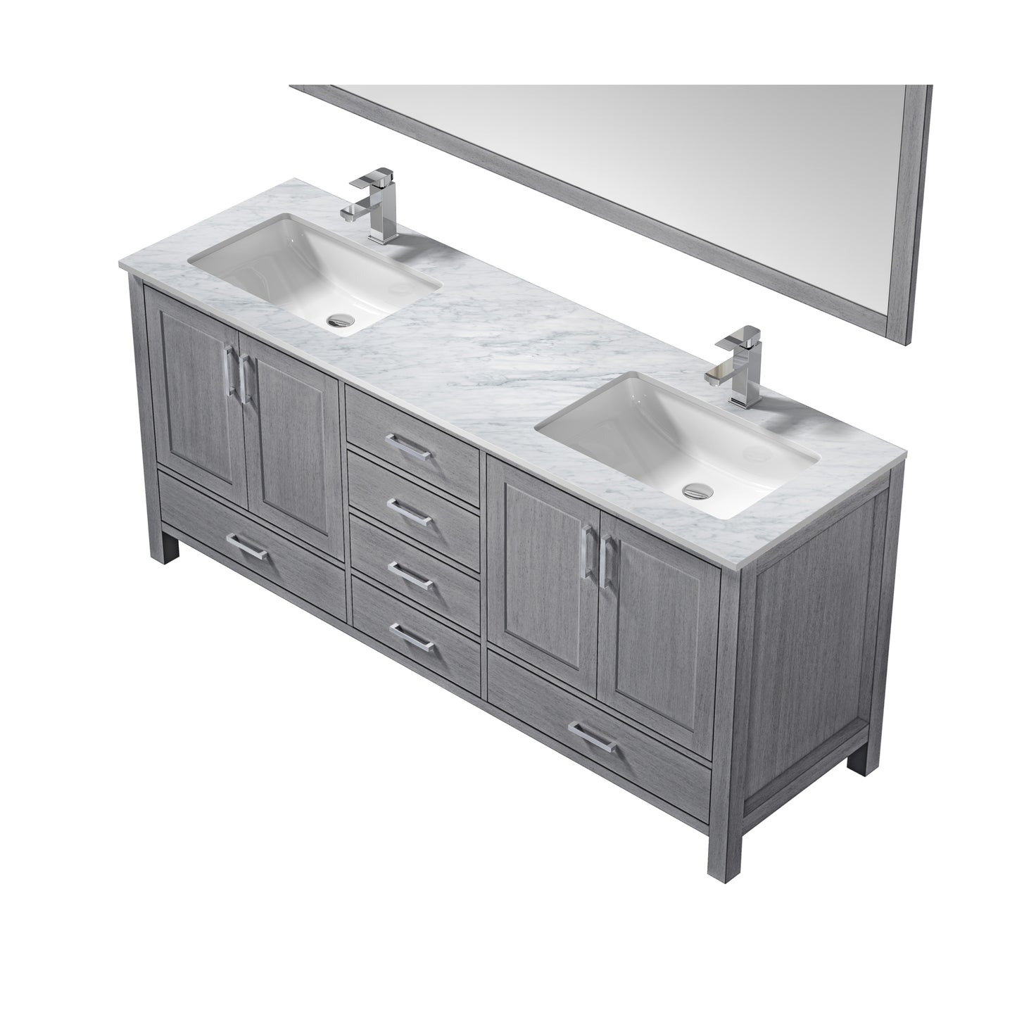 Jacques 72" Distressed Grey Double Vanity, White Carrara Marble Top, White Square Sinks and 70" Mirror w/ Faucets