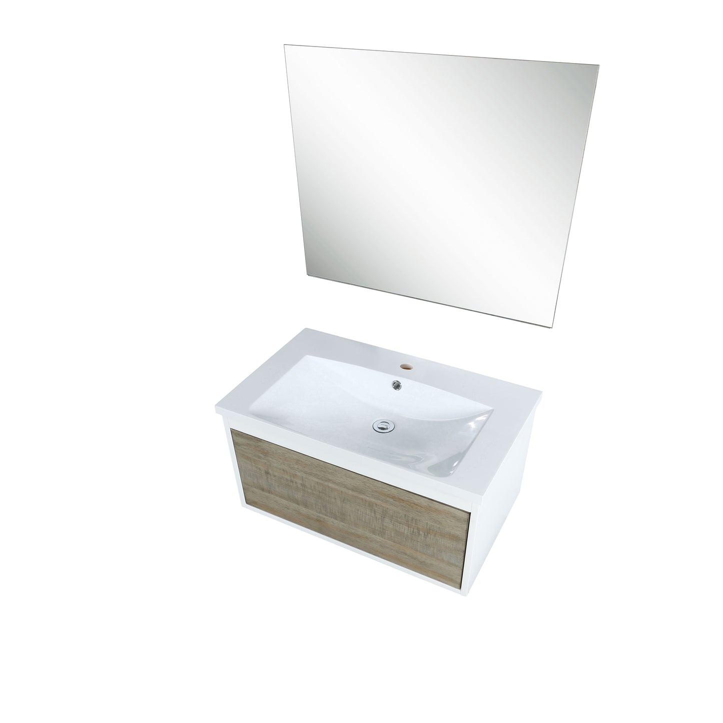 Scopi 30" Rustic Acacia Bathroom Vanity, Acrylic Composite Top with Integrated Sink, and 28" Frameless Mirror