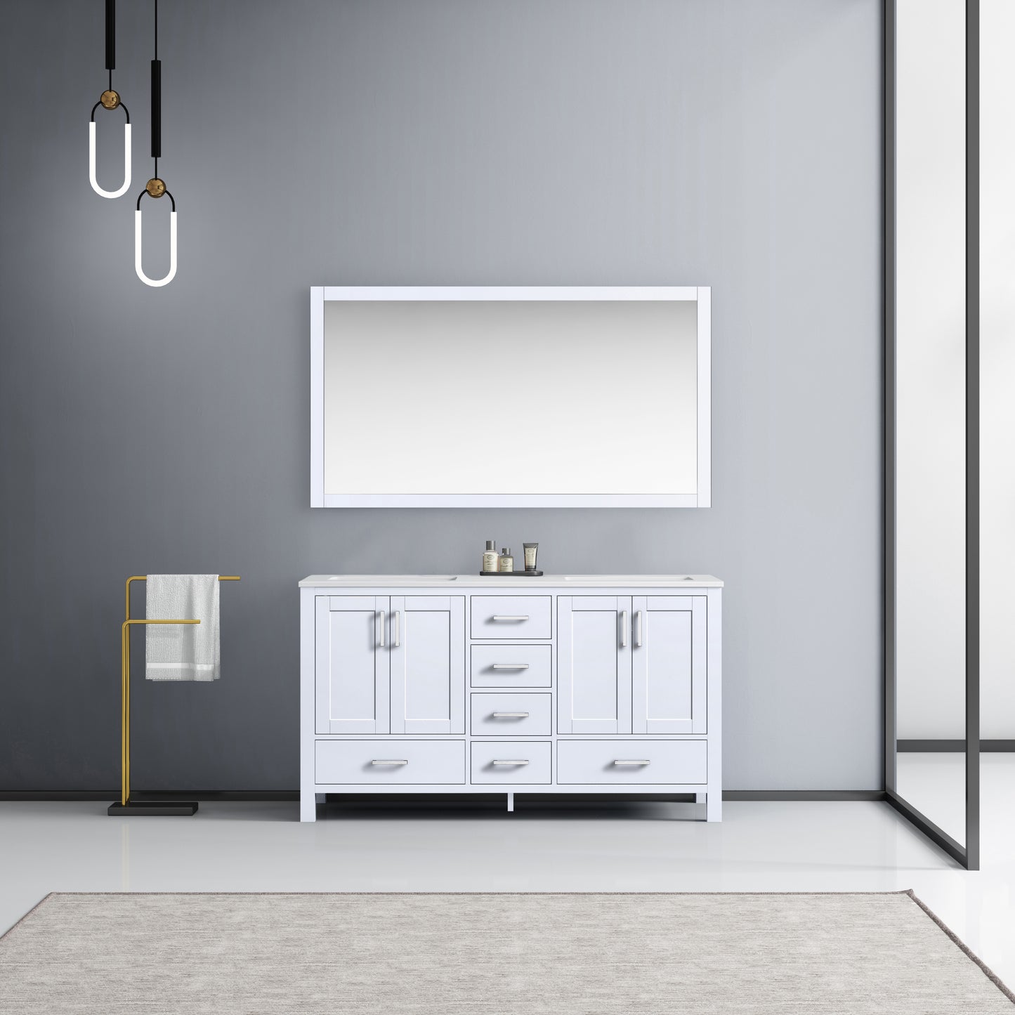 Jacques 60" White Double Vanity, White Quartz Top, White Square Sinks and 58" Mirror