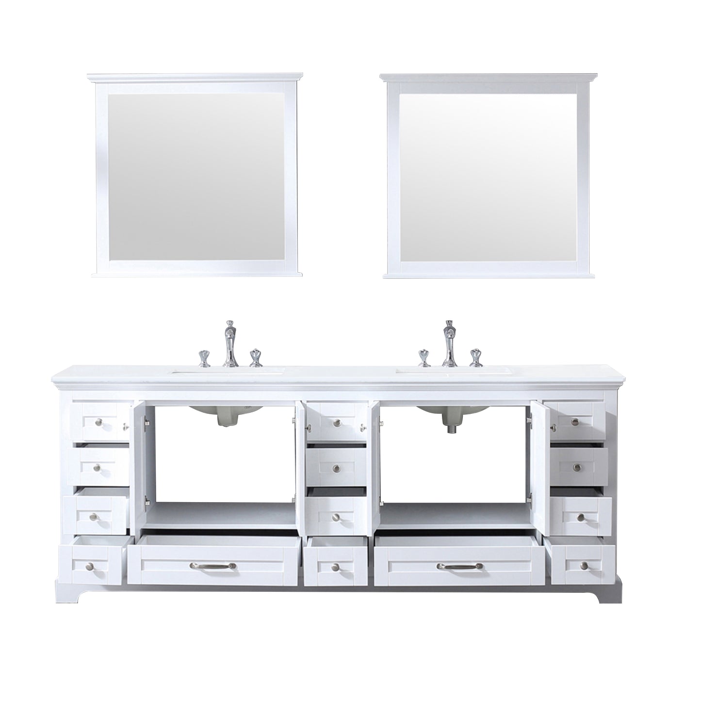 Dukes 84" White Double Vanity, White Quartz Top, White Square Sinks and 34" Mirrors