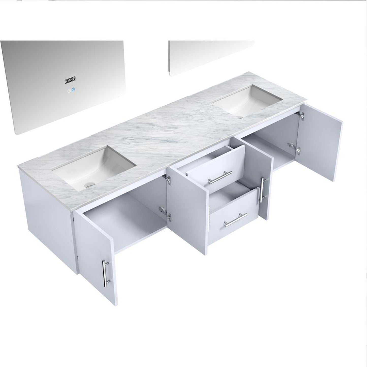 Geneva 72" Glossy White Double Vanity, White Carrara Marble Top, White Square Sinks and 30" LED Mirrors