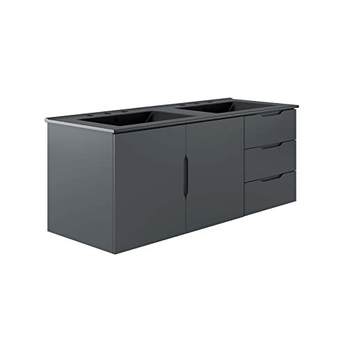 Modway Vitality 48" Wall-Mount Double Sink Bathroom Vanity in Gray Black, 47.5 x 45.5 x 50