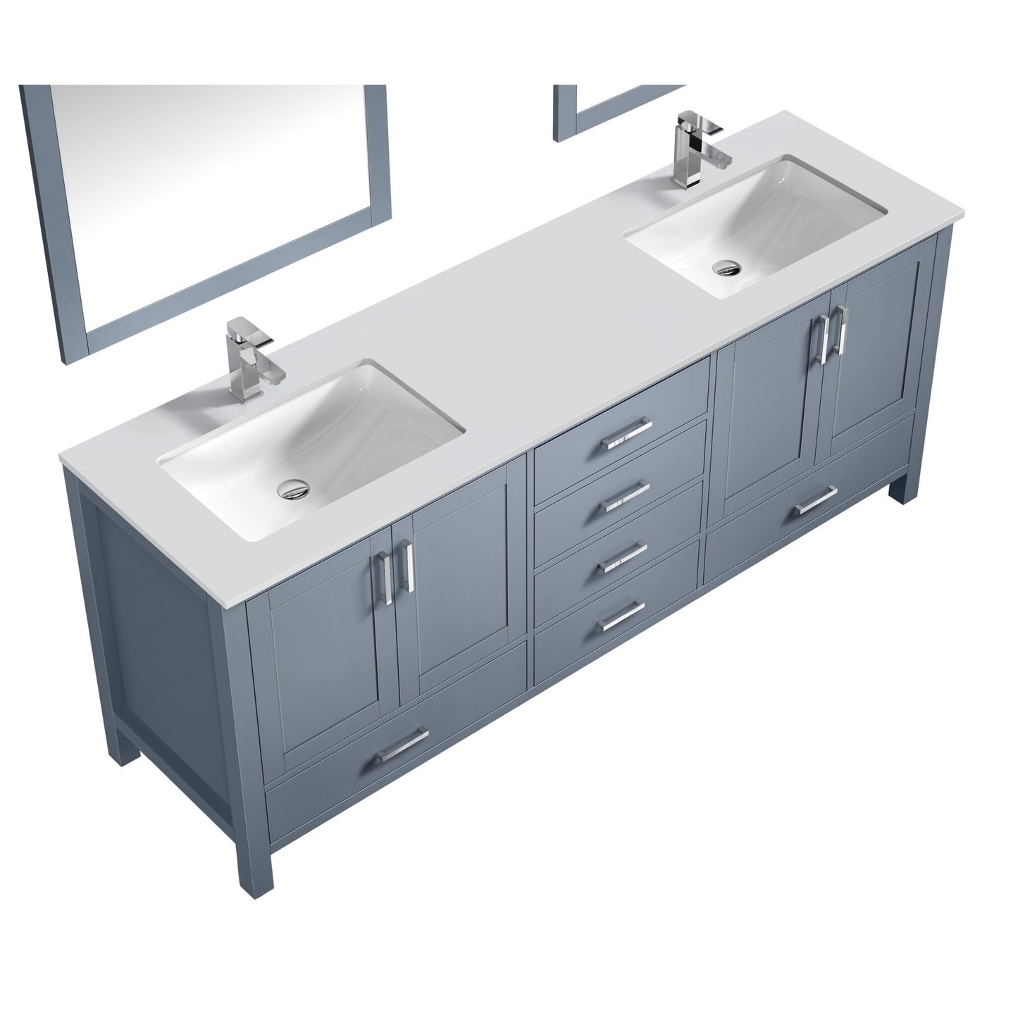 Jacques 80" Dark Grey Double Vanity, White Quartz Top, White Square Sinks and 30" Mirrors w/ Faucets