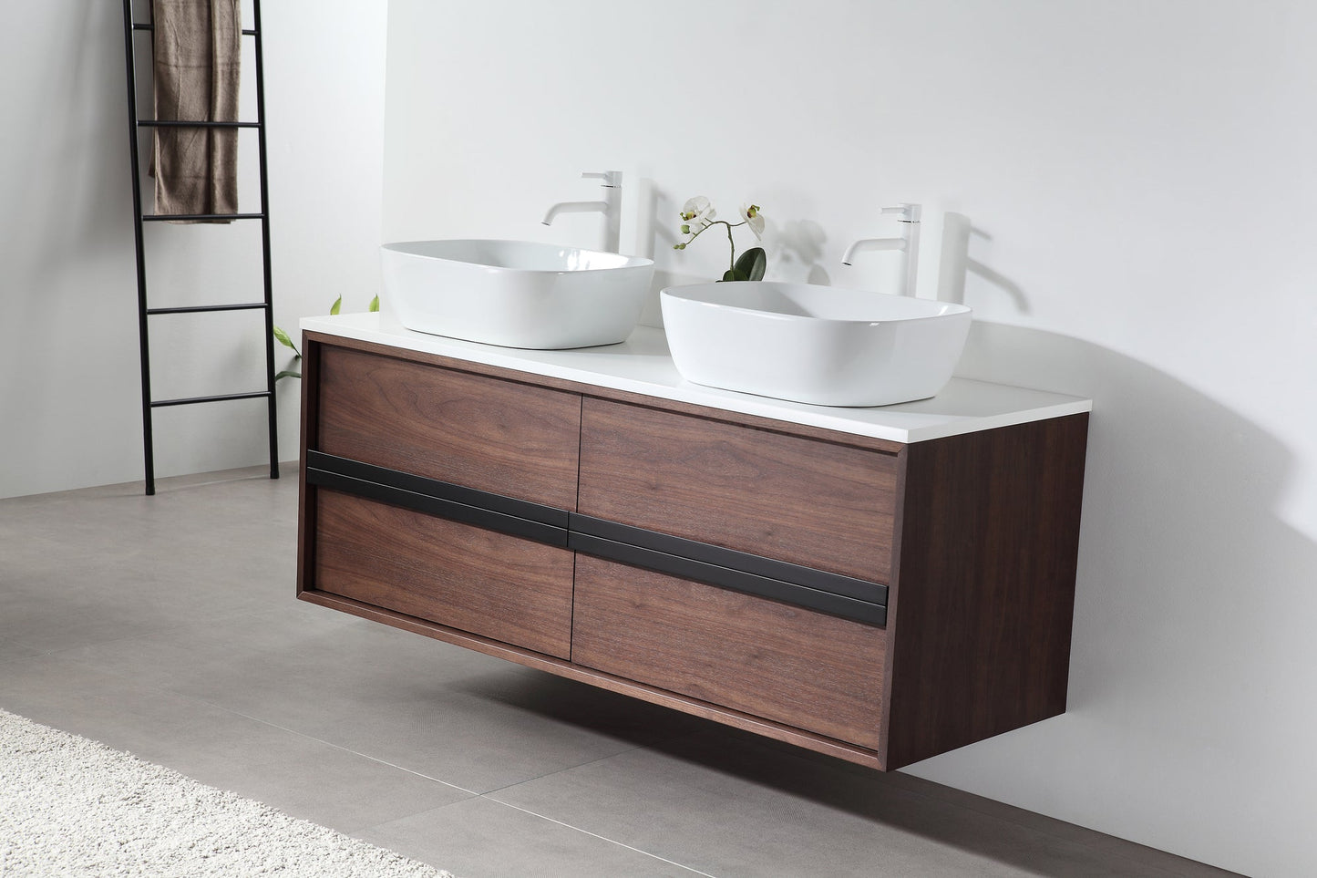 SINTRA 55” DARK WALNUT OAK WALL MOUNTED MODERN BATHROOM VANITY