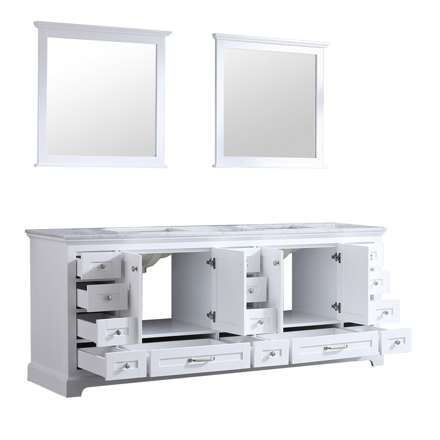 Dukes 84" White Double Vanity, White Carrara Marble Top, White Square Sinks and 34" Mirrors