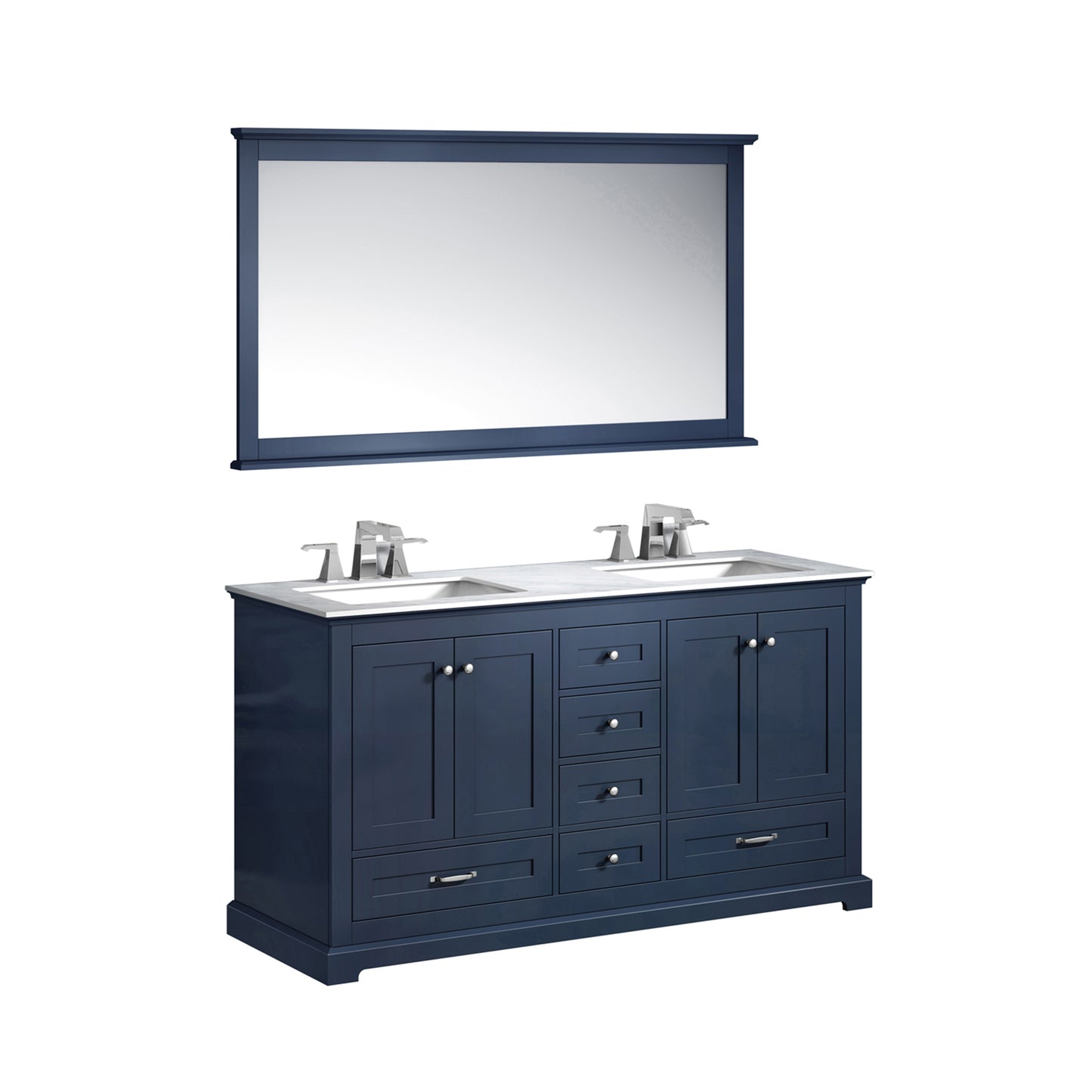 Dukes 60" Navy Blue Double Vanity, White Carrara Marble Top, White Square Sinks and 58" Mirror w/ Faucets