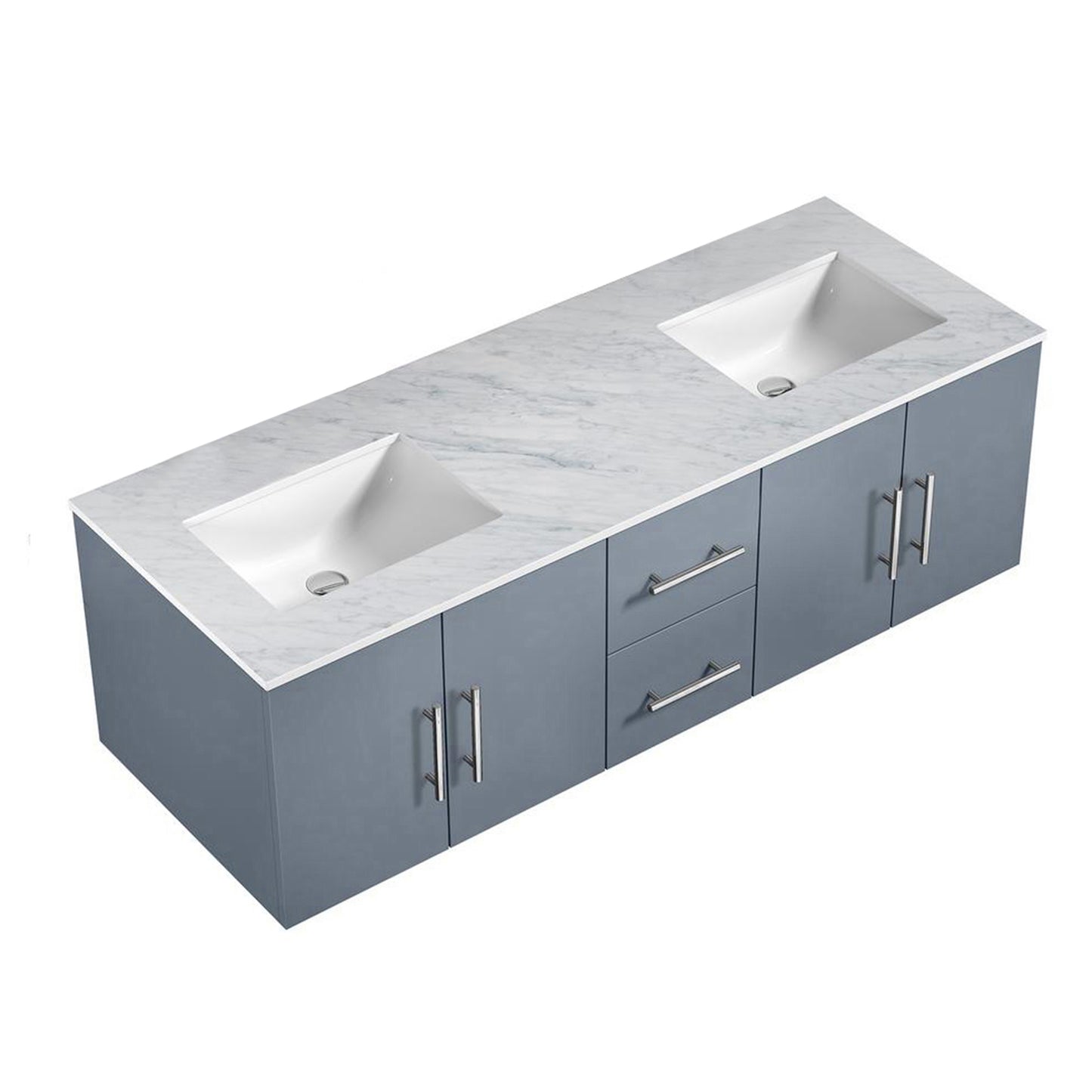 Geneva 60" Dark Grey Double Vanity, White Carrara Marble Top, White Square Sinks and 60" LED Mirror