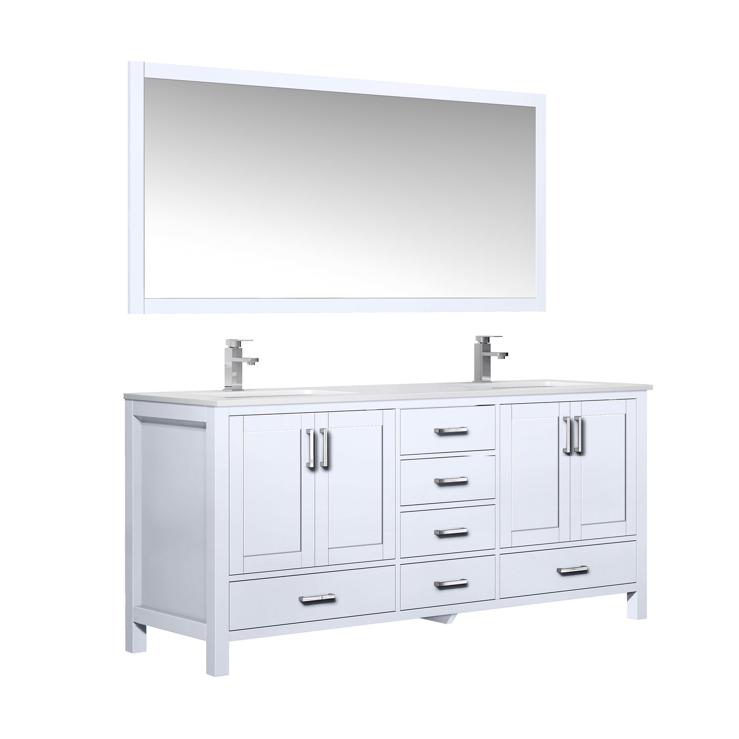 Jacques 72" White Double Vanity, White Quartz Top, White Square Sinks and 70" Mirror w/ Faucets