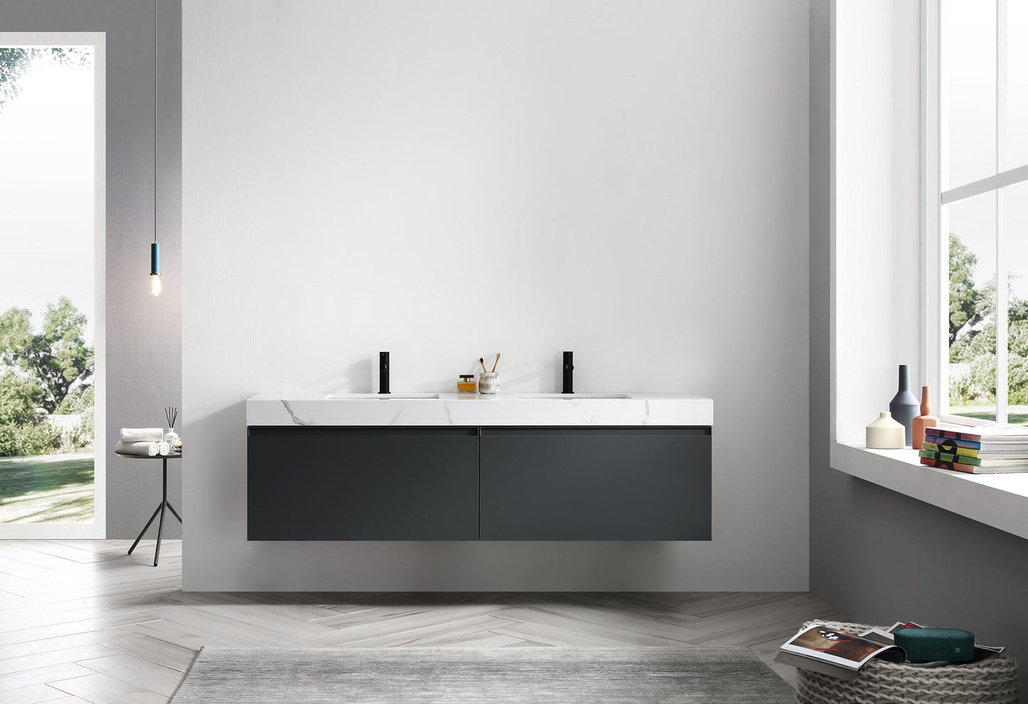 MANAROLA 72” DARK GRAY WITH THICK QUARTZ WALL MOUNT MODERN BATHROOM VANITY