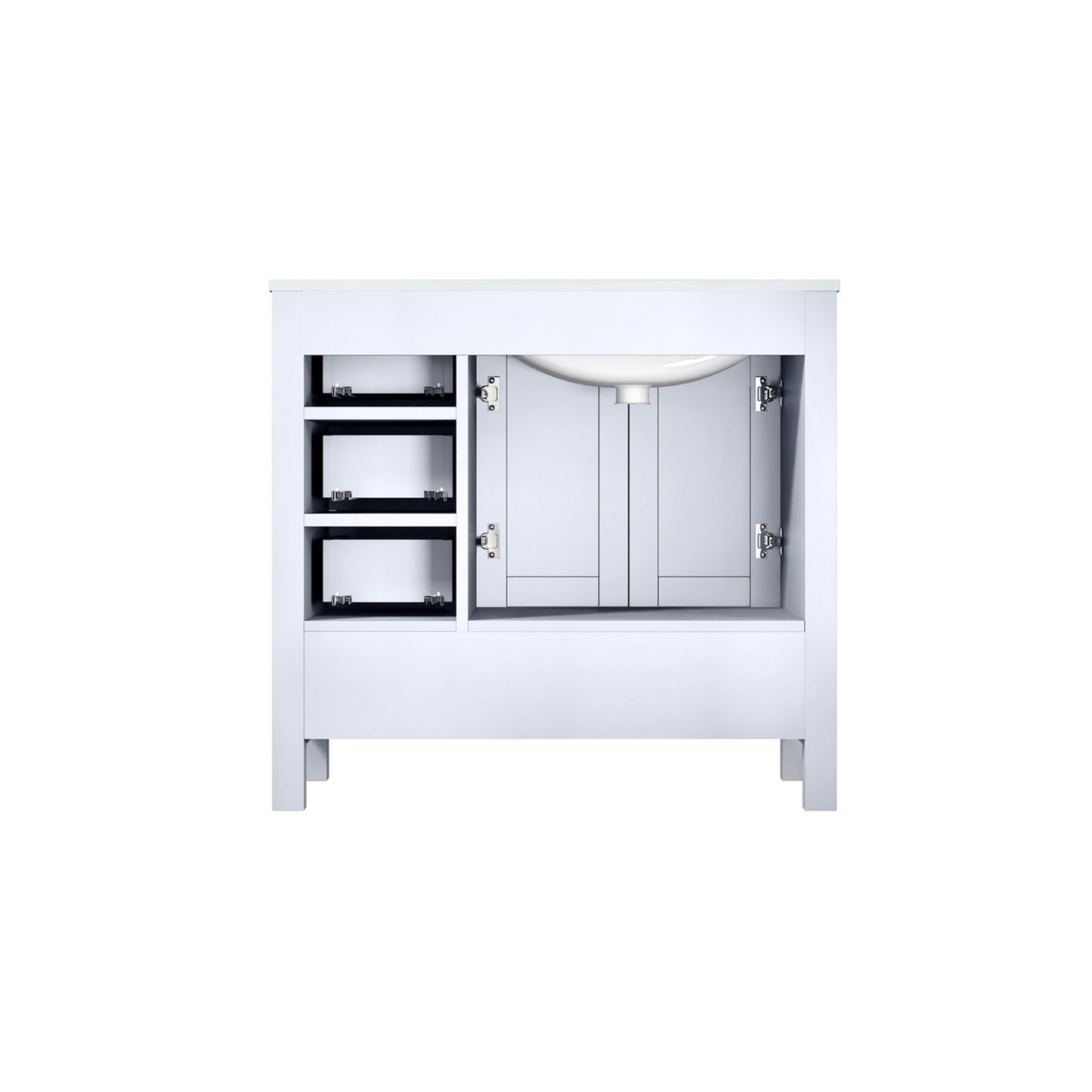 Jacques 36" White Single Vanity, White Carrara Marble Top, White Square Sink and no Mirror - Left Version