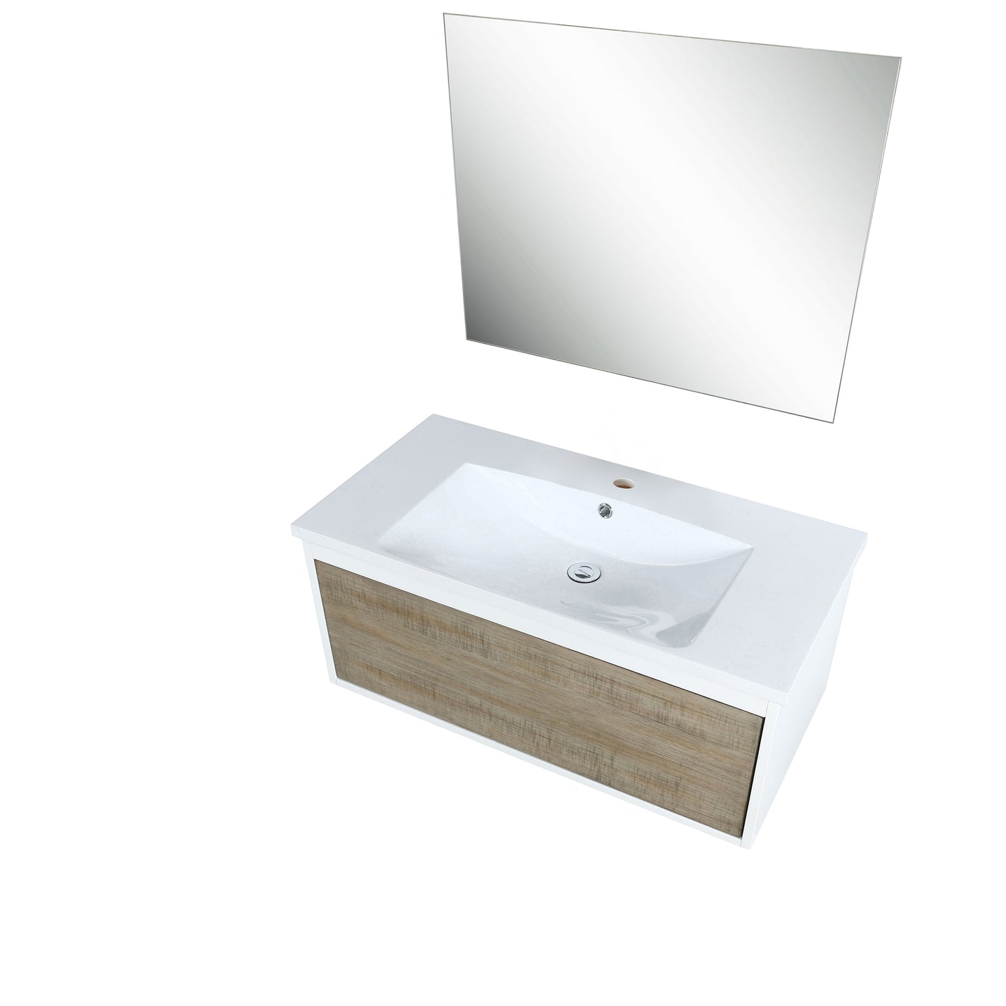 Scopi 36" Rustic Acacia Bathroom Vanity, Acrylic Composite Top with Integrated Sink, and 28" Frameless Mirror