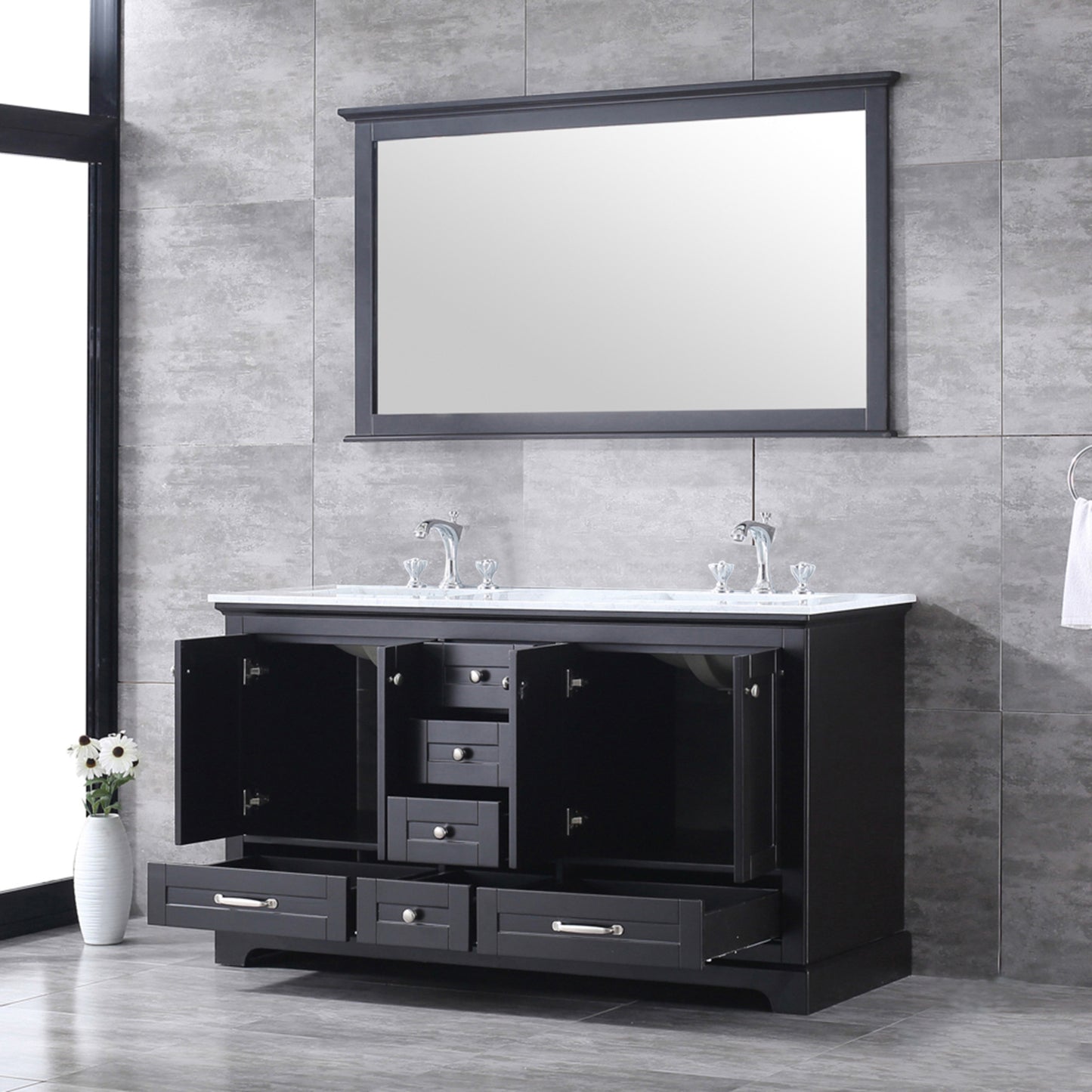 Dukes 60" Espresso Double Vanity, White Carrara Marble Top, White Square Sinks and 58" Mirror w/ Faucets