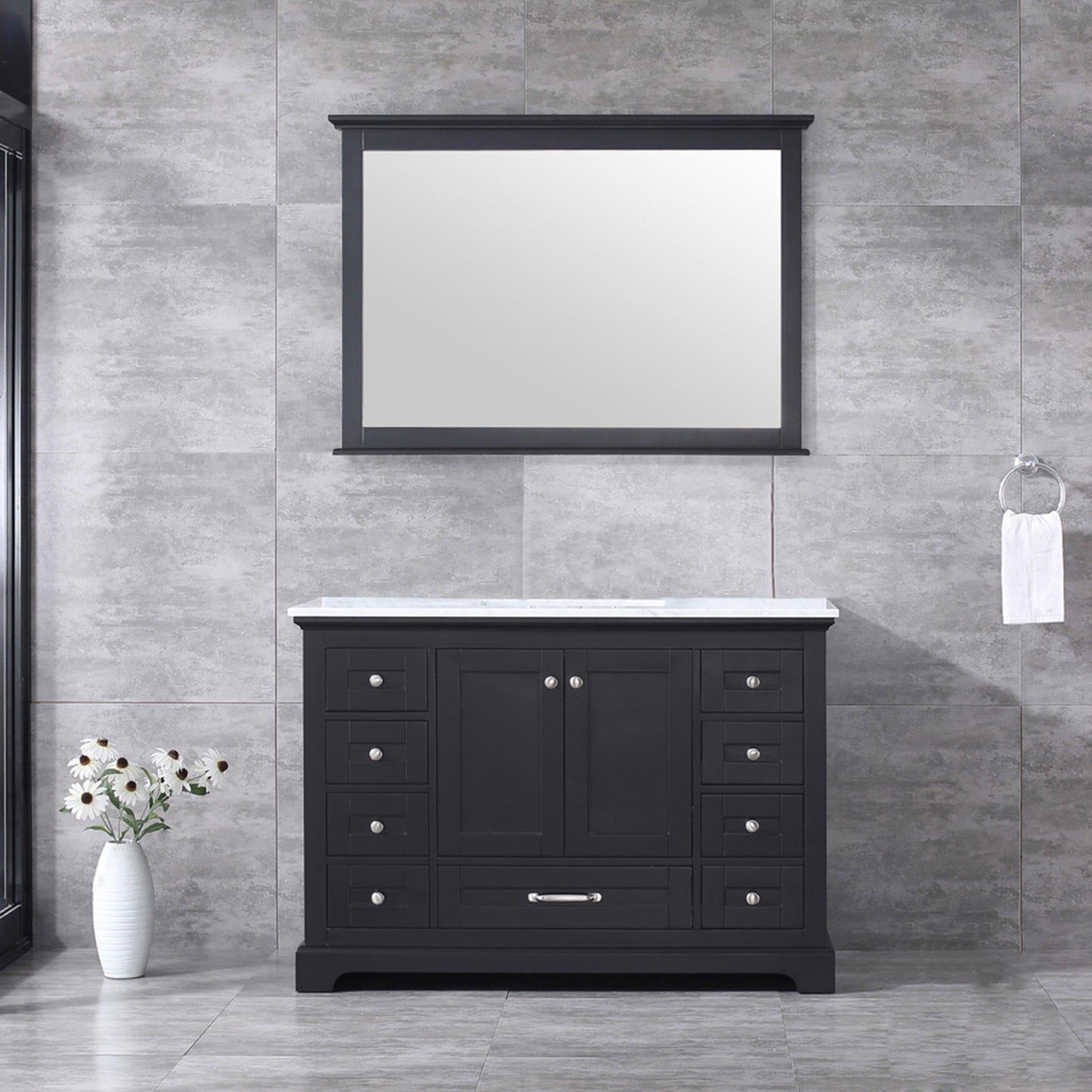 Dukes 48" Espresso Single Vanity, White Carrara Marble Top, White Square Sink and 46" Mirror