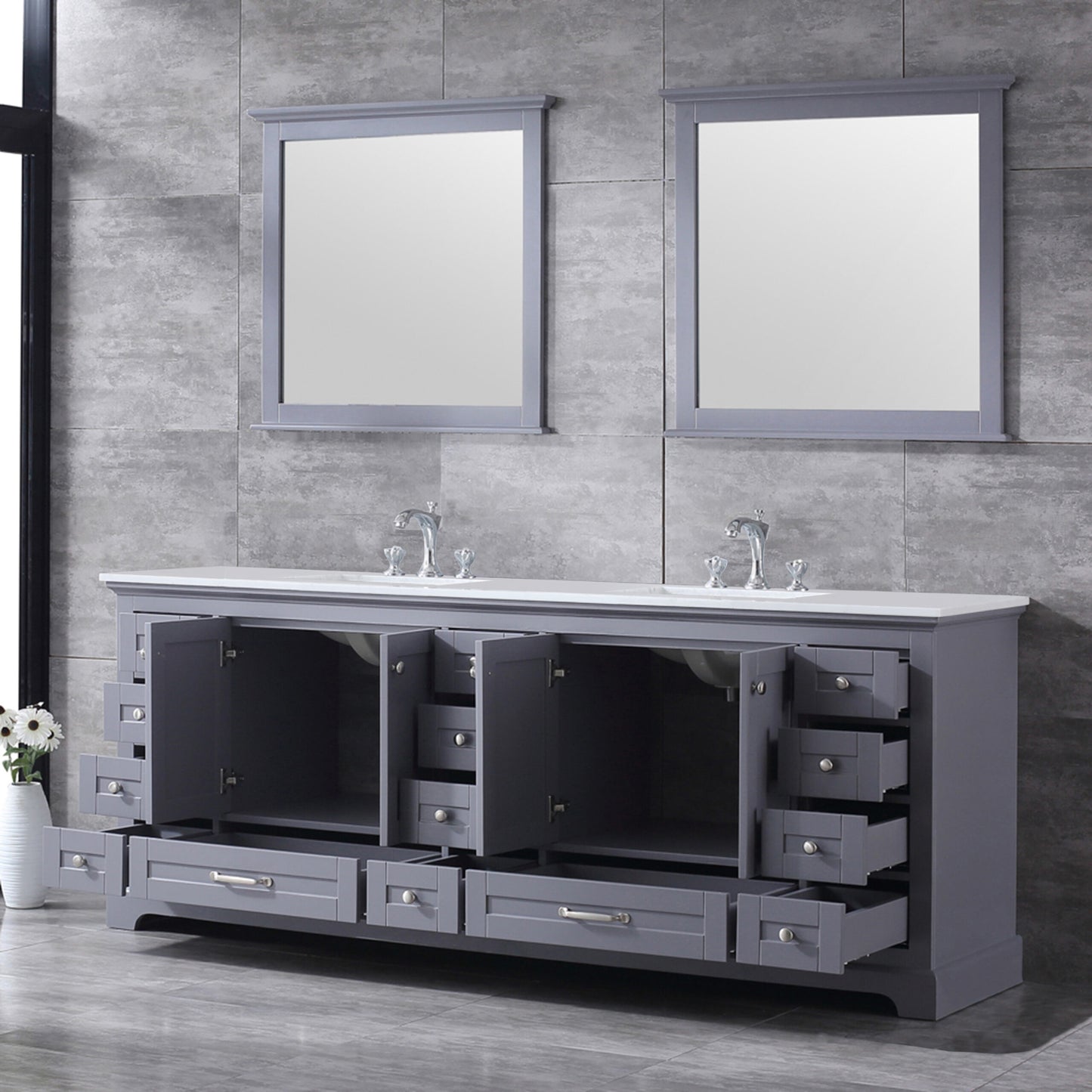 Dukes 84" Dark Grey Double Vanity, White Quartz Top, White Square Sinks and 34" Mirrors w/ Faucets