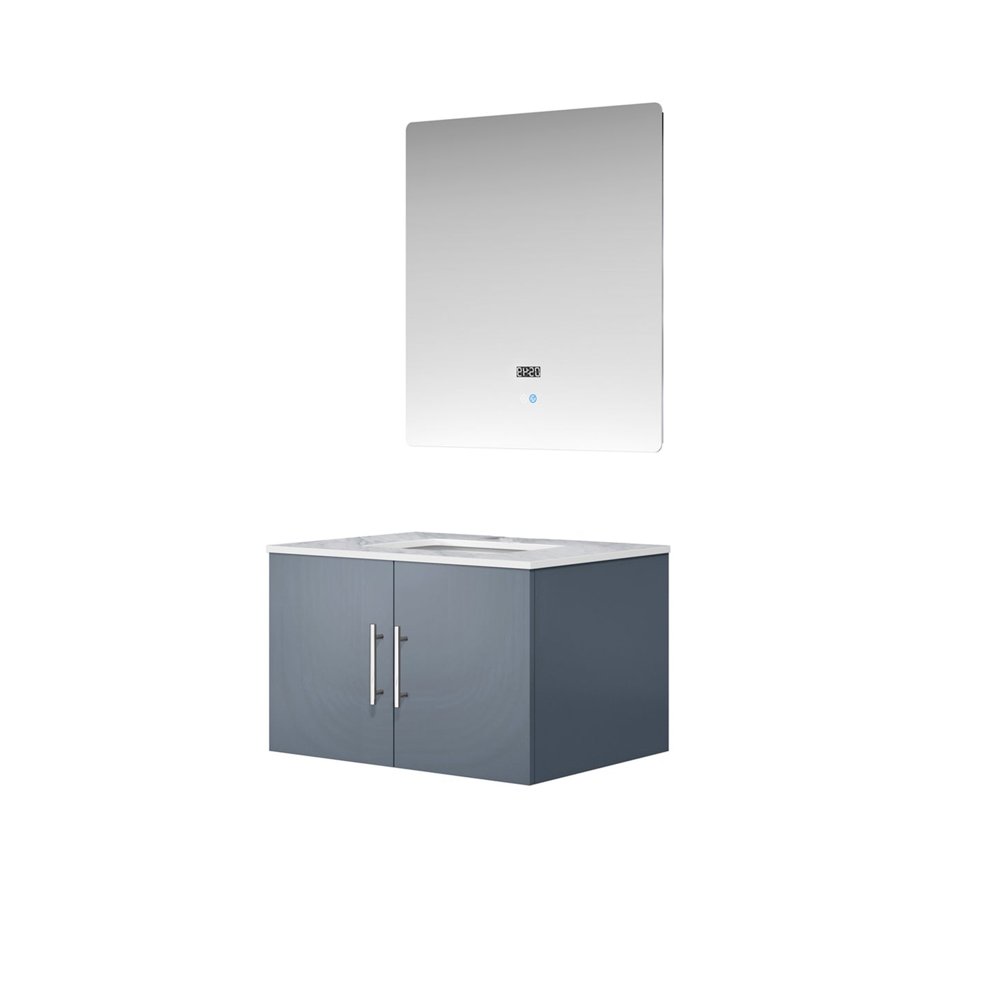 Geneva 30" Dark Grey Single Vanity, White Carrara Marble Top, White Square Sink and 30" LED Mirror