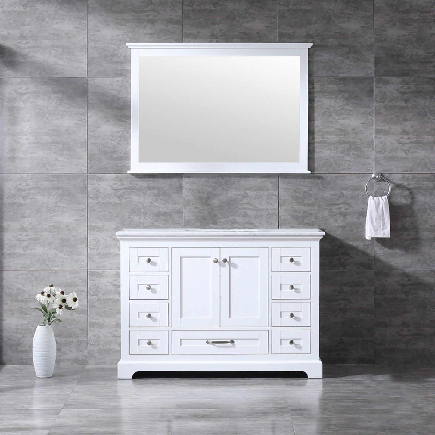 Dukes 48" White Single Vanity, White Carrara Marble Top, White Square Sink and 46" Mirror