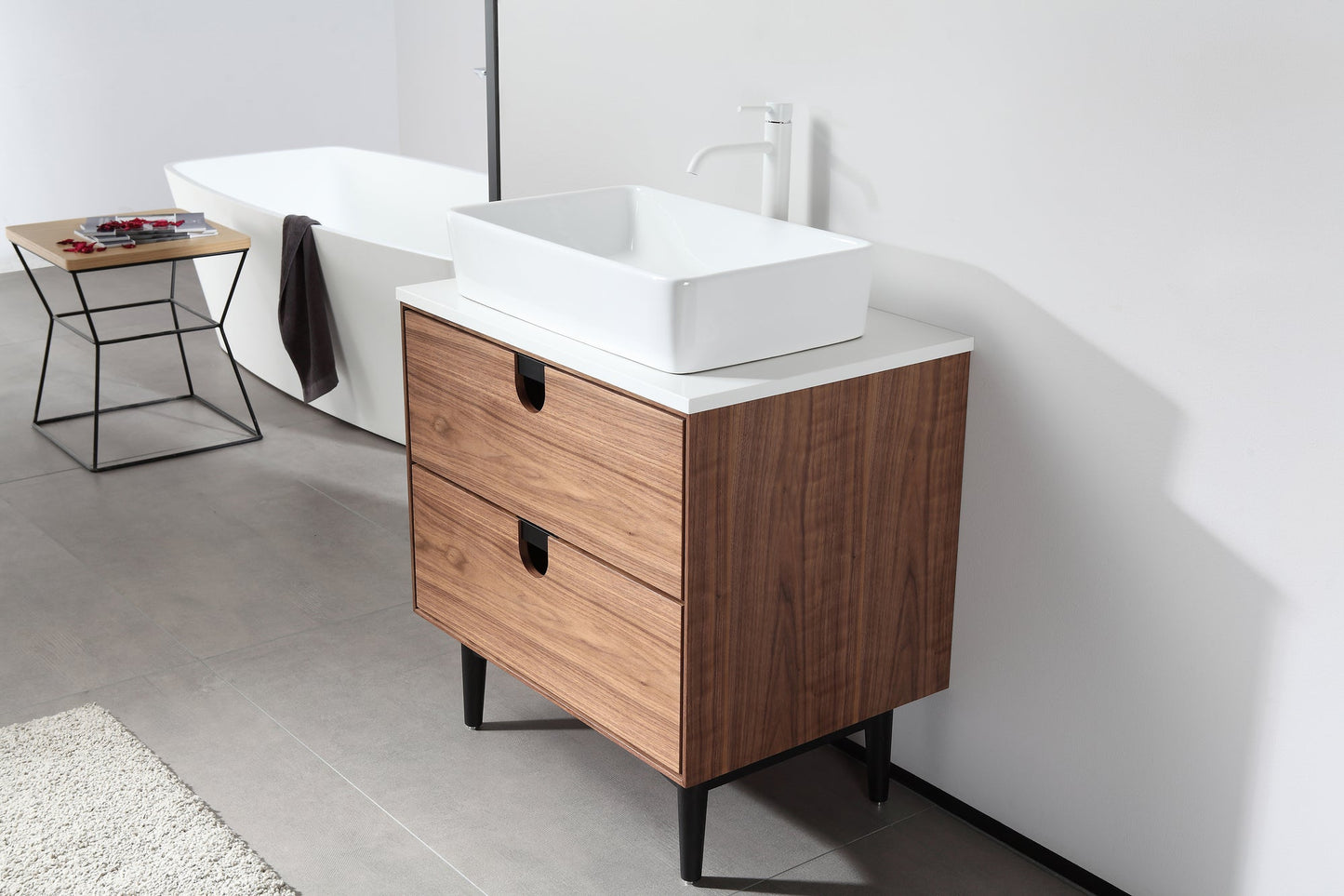 PORTREE 30” WALNUT MID-CENTURY FREESTANDING BATHROOM VANITY