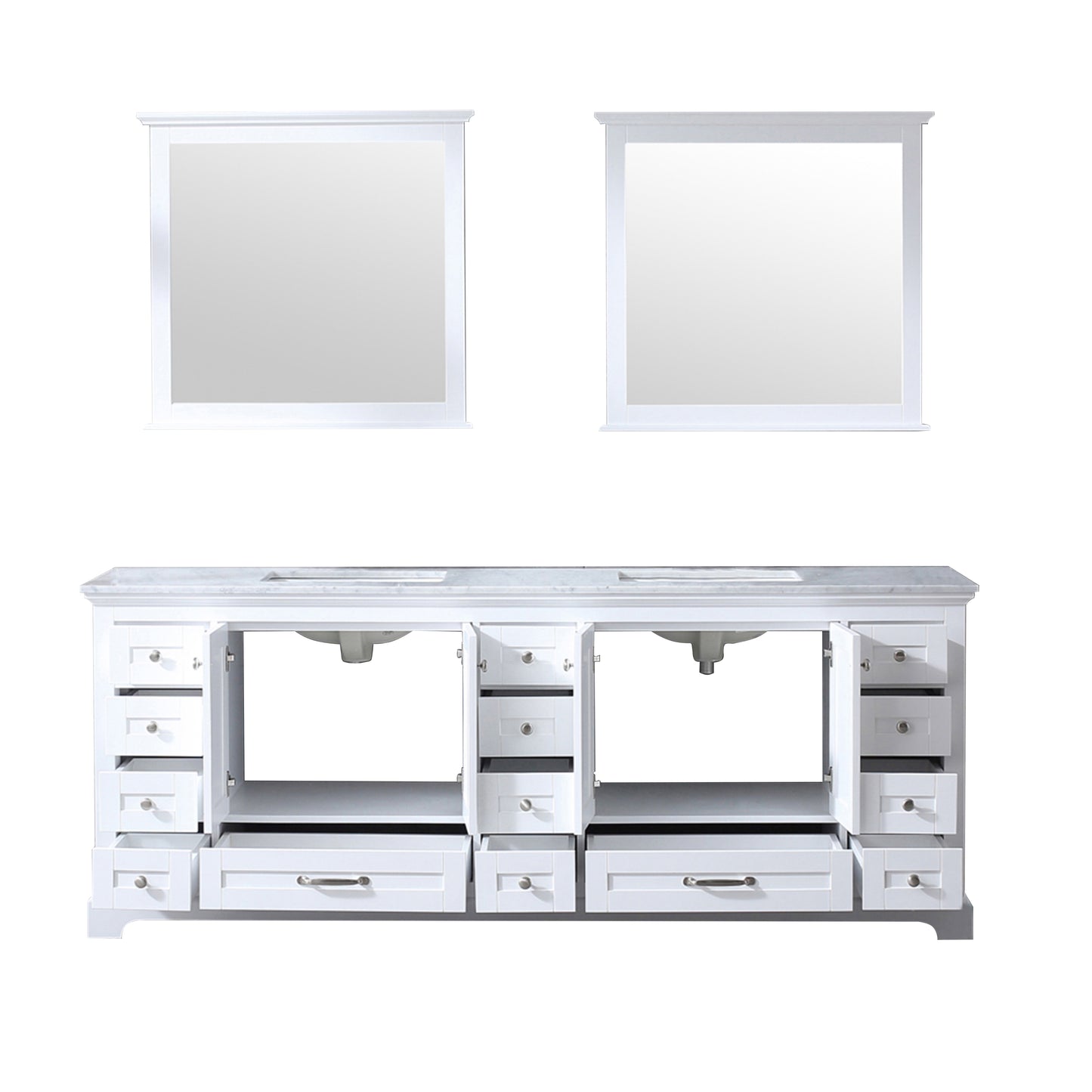 Dukes 84" White Double Vanity, White Carrara Marble Top, White Square Sinks and 34" Mirrors