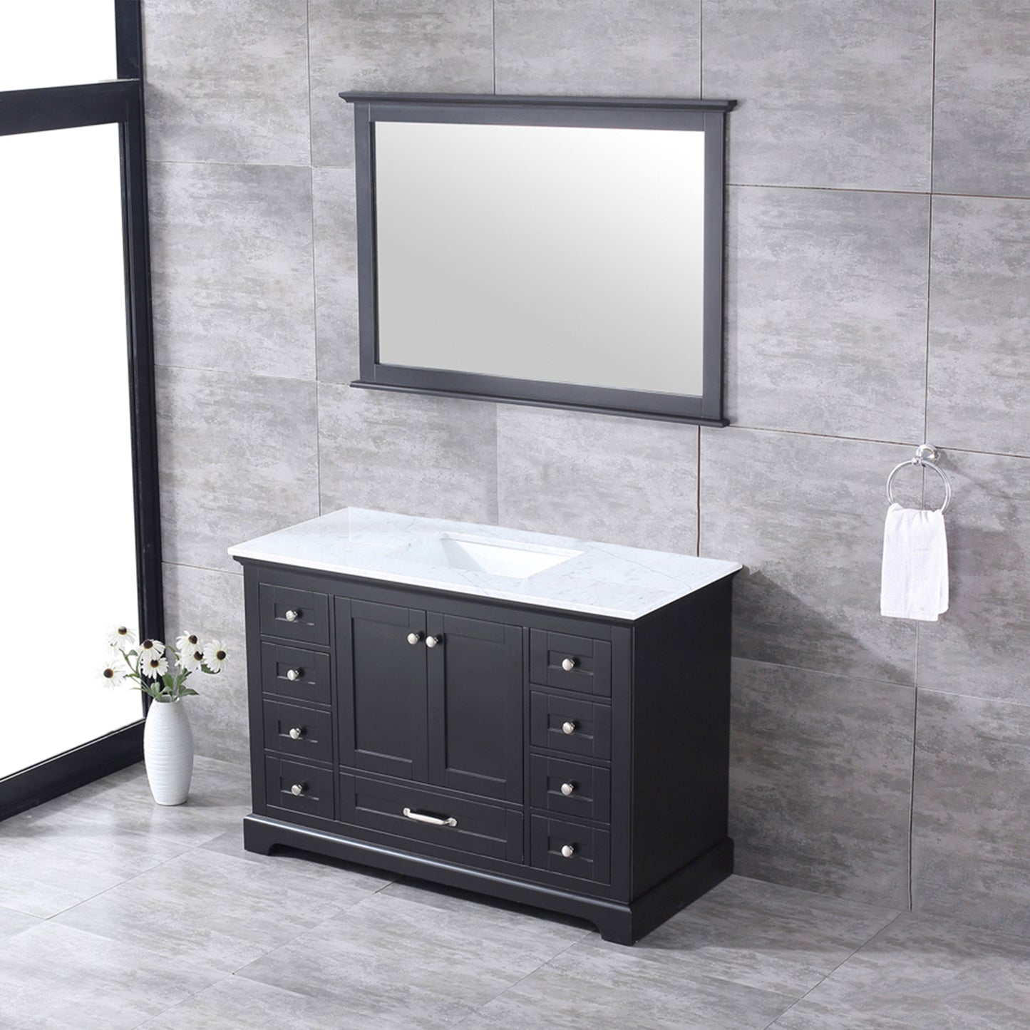 Dukes 48" Espresso Single Vanity, White Carrara Marble Top, White Square Sink and 46" Mirror