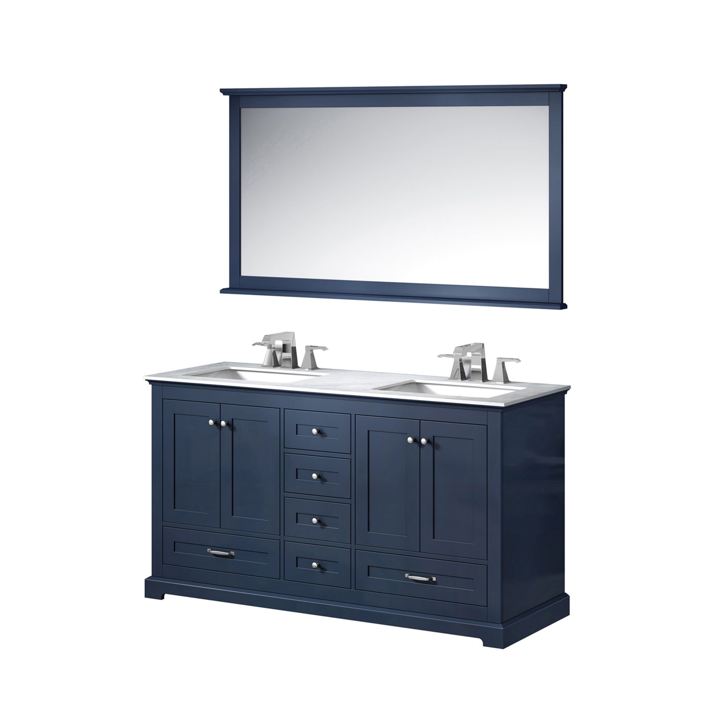 Dukes 60" Navy Blue Double Vanity, White Carrara Marble Top, White Square Sinks and 58" Mirror w/ Faucets